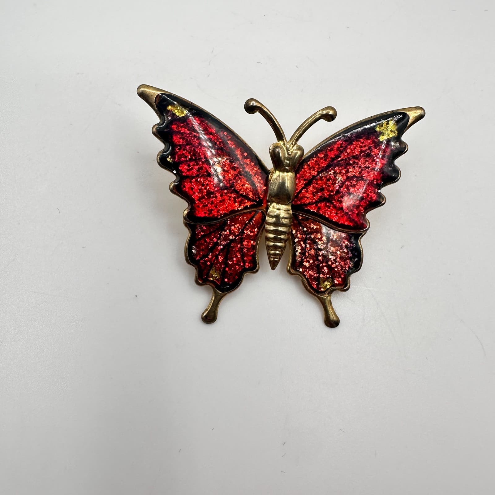 Vintage 80s 90s Red Enamel Glitter Butterfly Brooch Gold Tone Animal Nature Pins