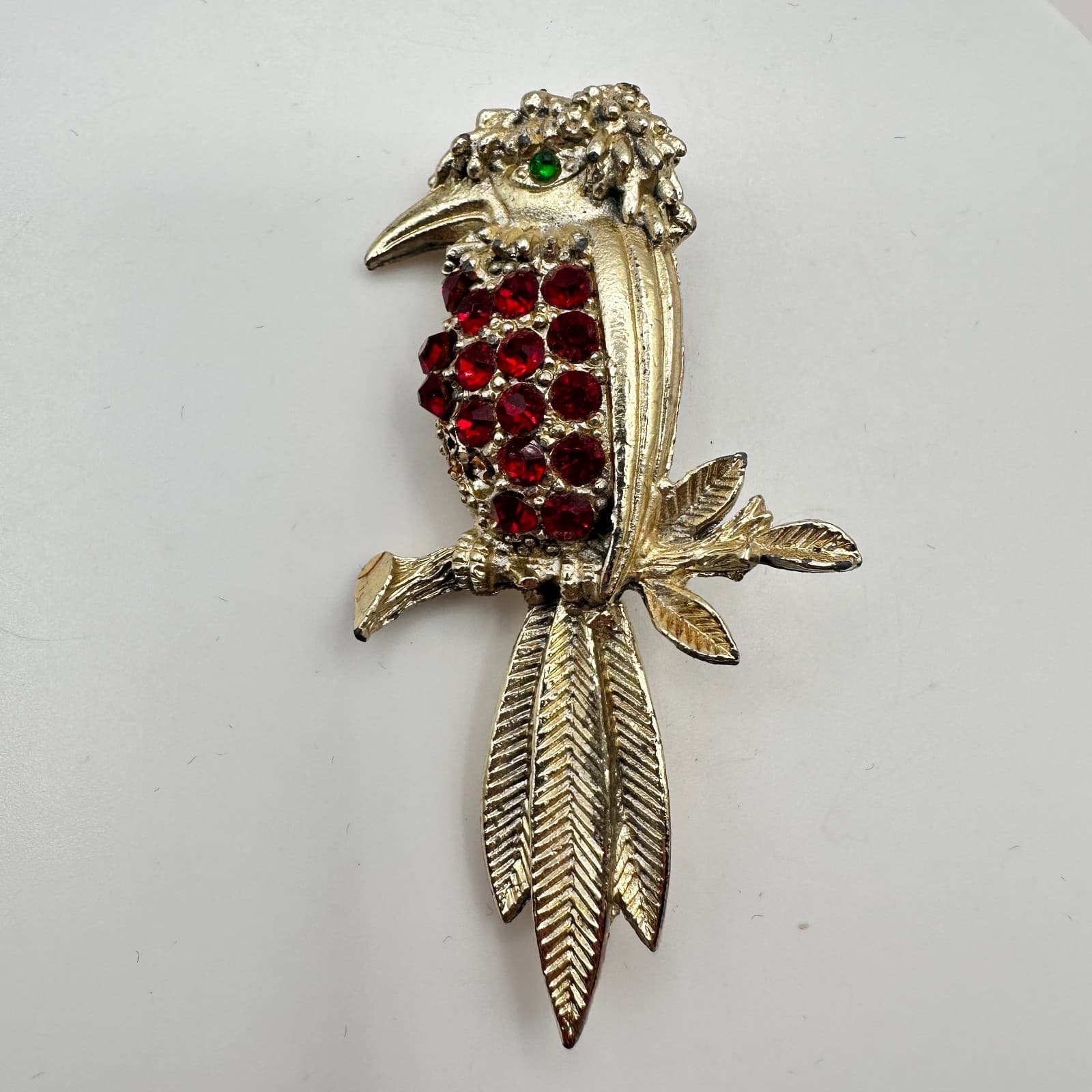 Vintage 90s Gold Tone Woodpecker Red Rhinestone Green Eye Brooch Pin Jewelry