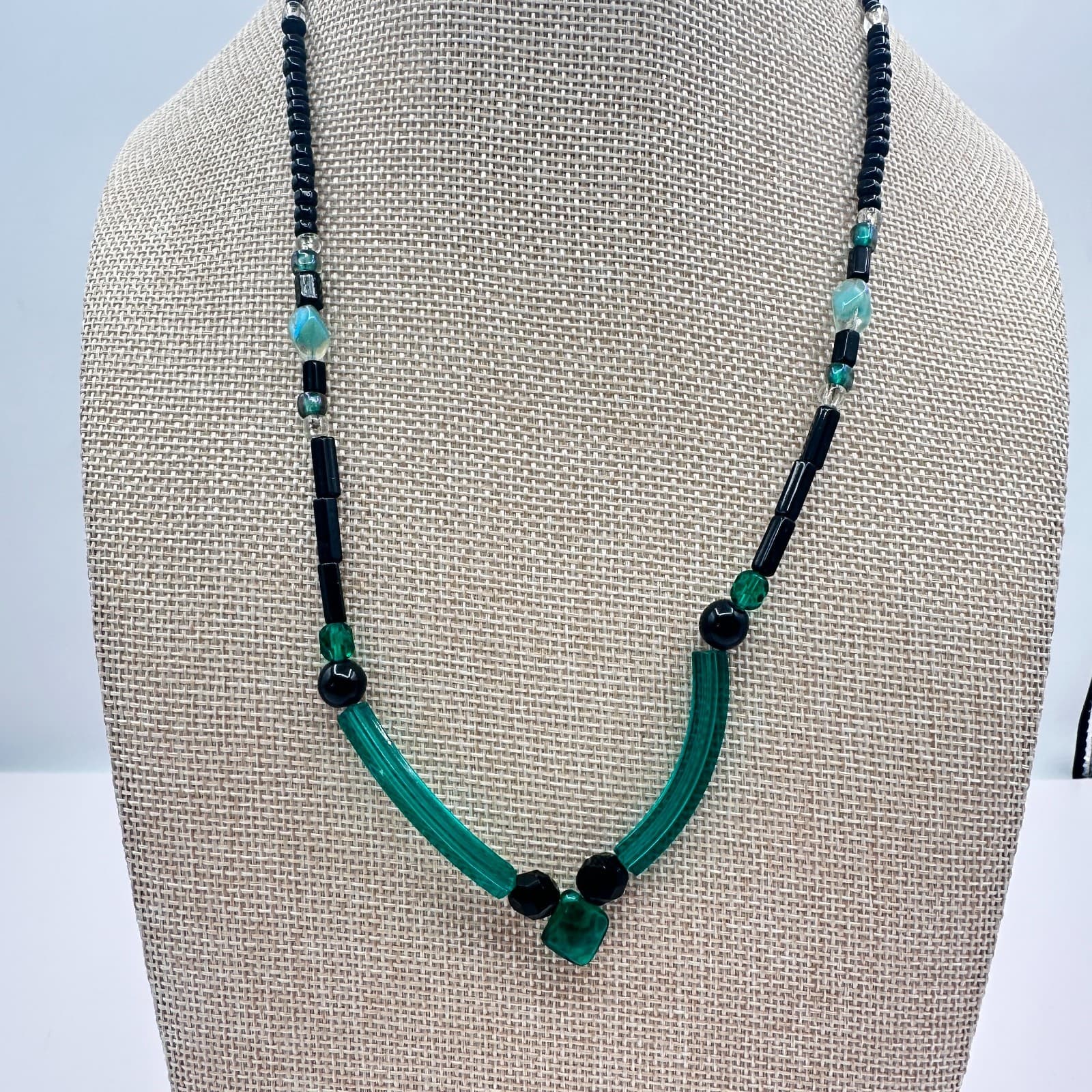 Vintage 80s Glass Bead Necklace Deco Style Geometric Statement Fashion Jewelry