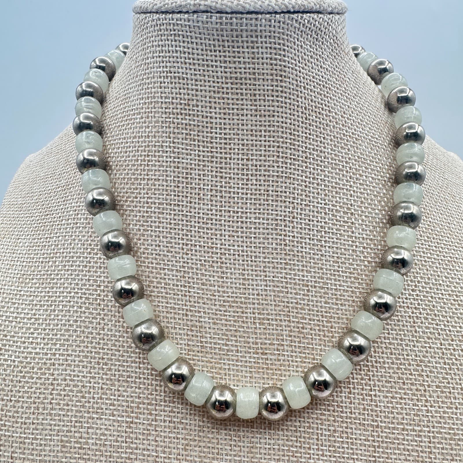 Vintage 90s Silver Tone Sage Green Glass Bead Necklace Choker Minimalist Jewelry