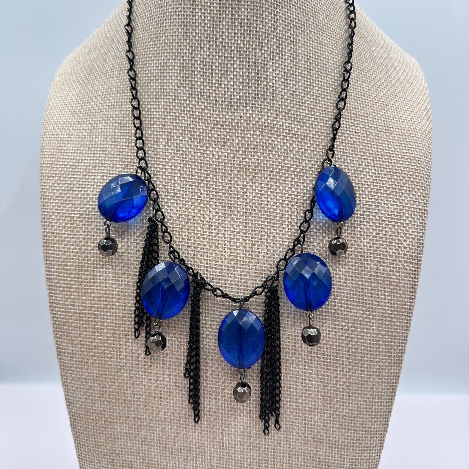Vintage 90s Cobalt Blue Glass Statement Necklace Black Chain Fringe Boho Jewelry