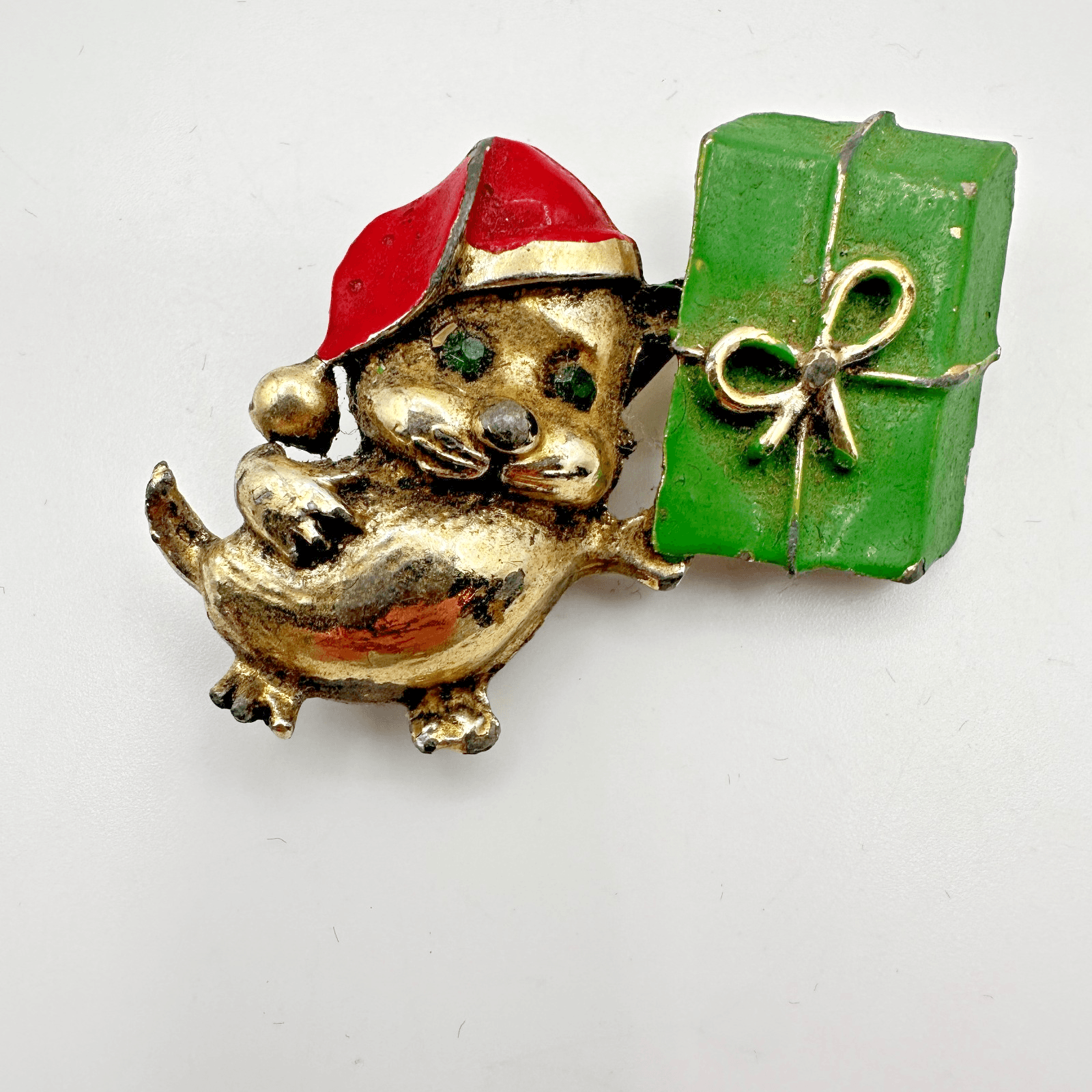 Vintage 90s Gold Tone Christmas Mouse Brooch Pin Green Present Santa Hat Jewelry