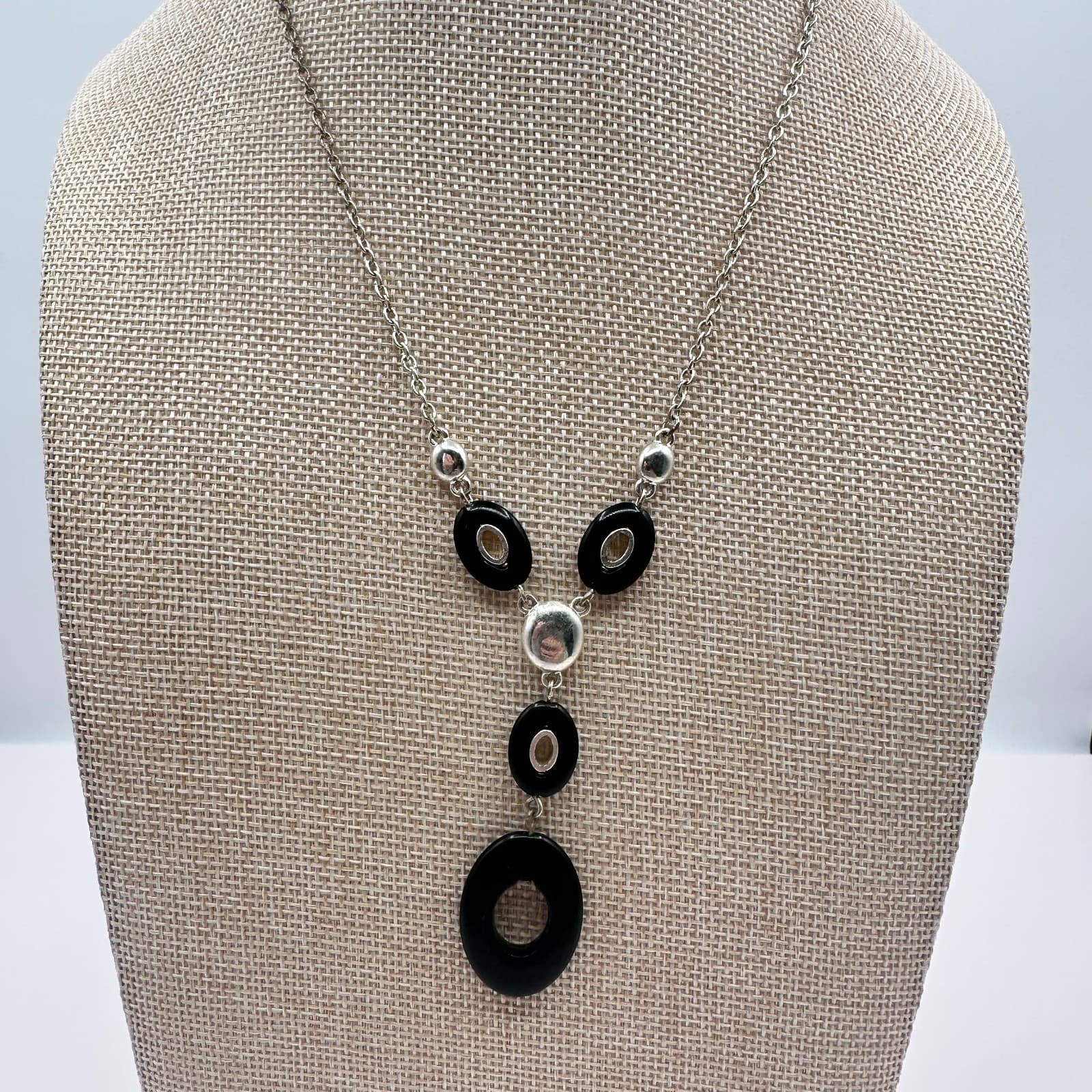 Vintage 80s Silver Tone Black White Enamel Round Pendant Statement Retro Jewelry
