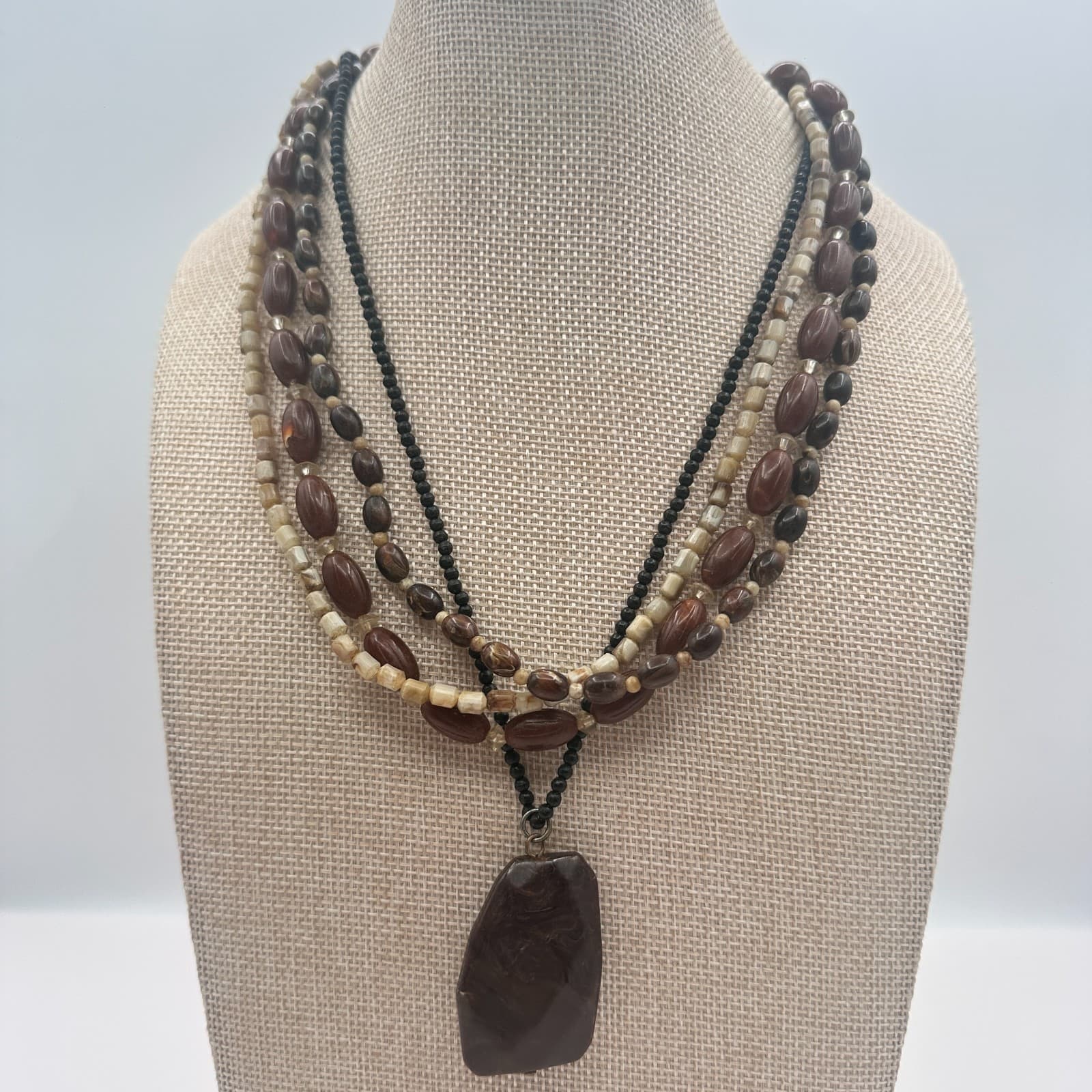 Vintage 80s Multi-Strand Earth Tone Beaded Layered Necklace Faux Stone Jewelry