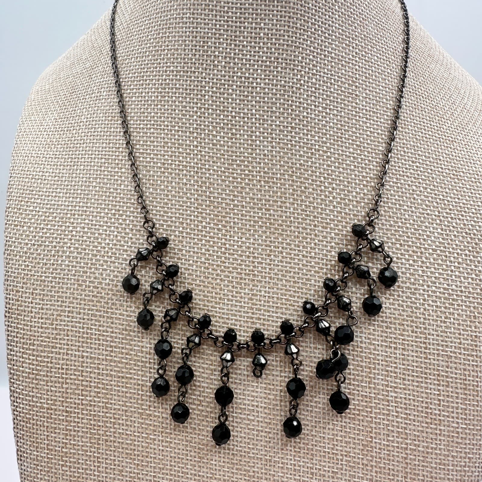 Vintage 90s Black Face Glass Bead Bib Statement Necklace Gunmetal Toned Jewelry