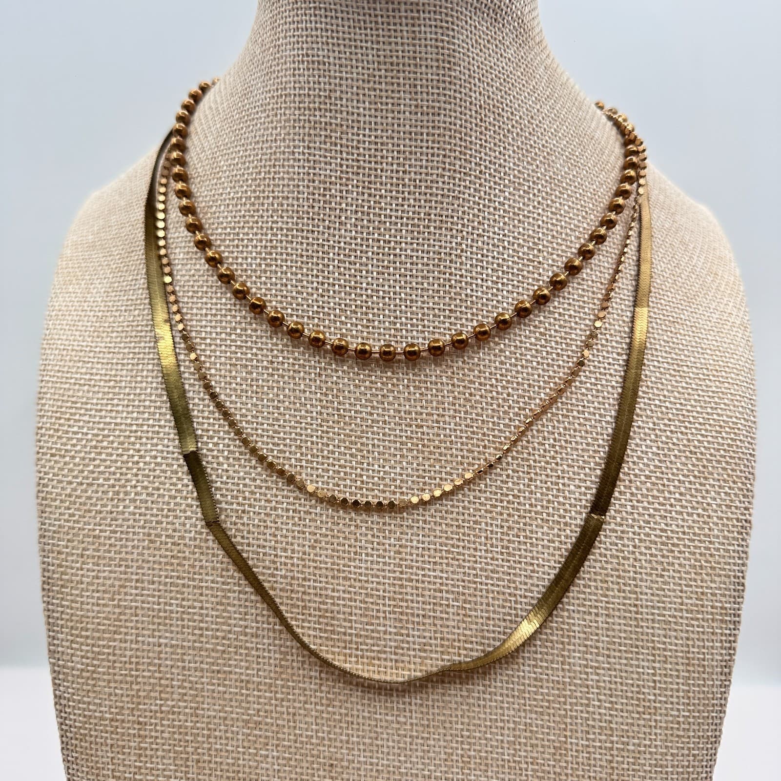 Vintage 80s Gold Tone Layered Necklace Snake Herringbone Bead Statement Jewelry