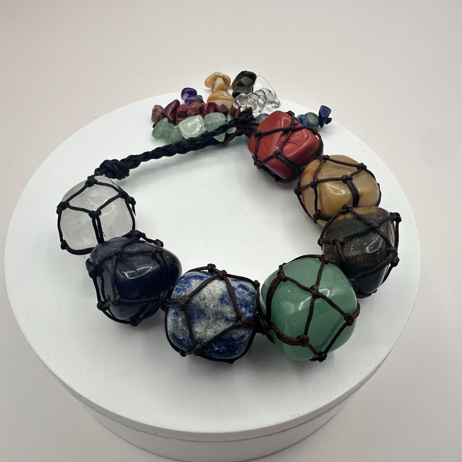 Vintage Y2K Chakra Macrame Healing Bracelet Natural Tumbled Stone Boho Jewelry