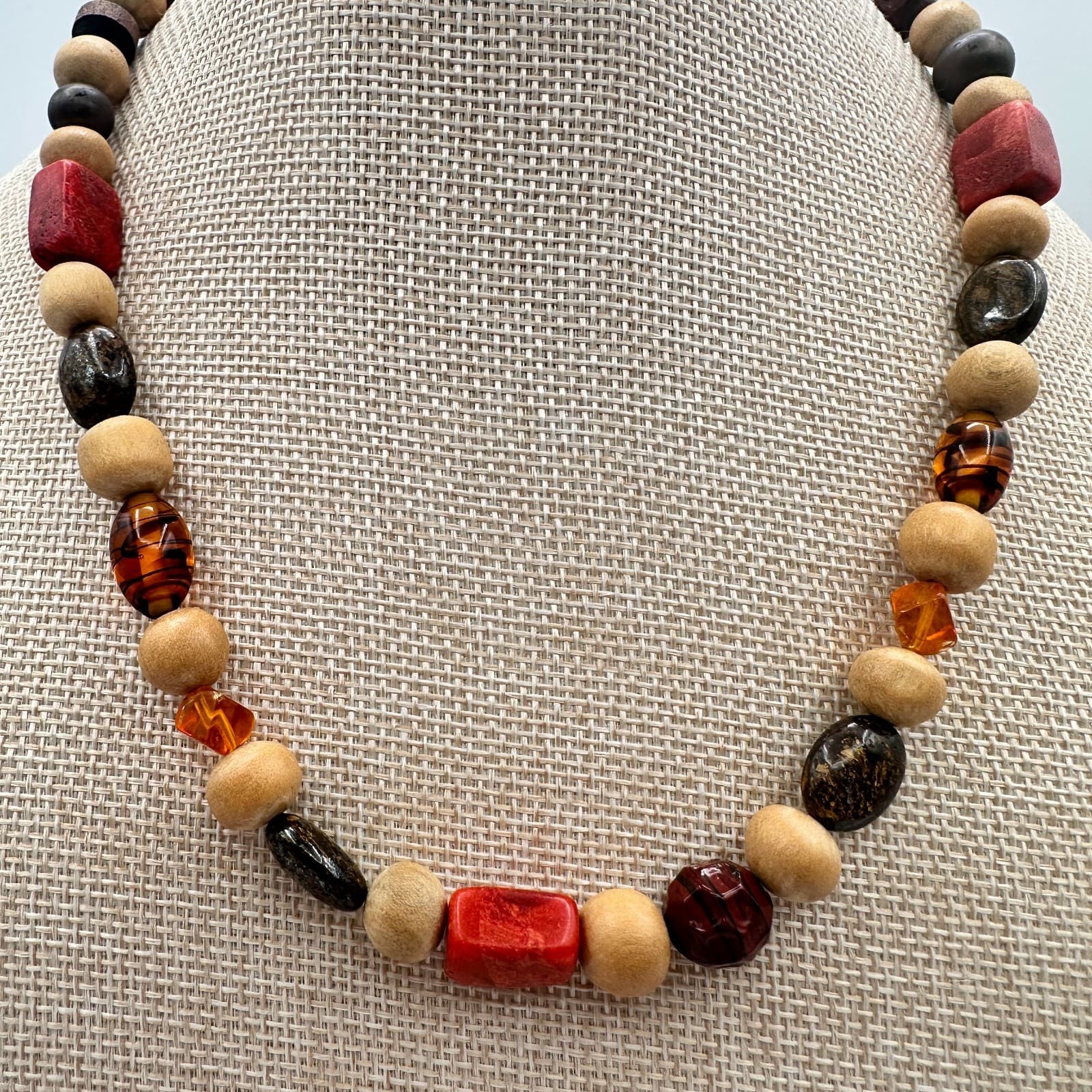 Vintage Y2K Eclectic Earthy Necklace Jasper Wood Amber Natural Beaded Jewelry