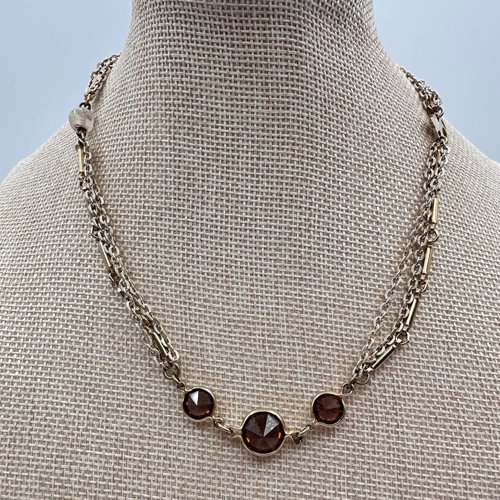 Vintage 80s Gold Tone Multi-Strand Necklace Brown Glass Boho Fashion Jewelry