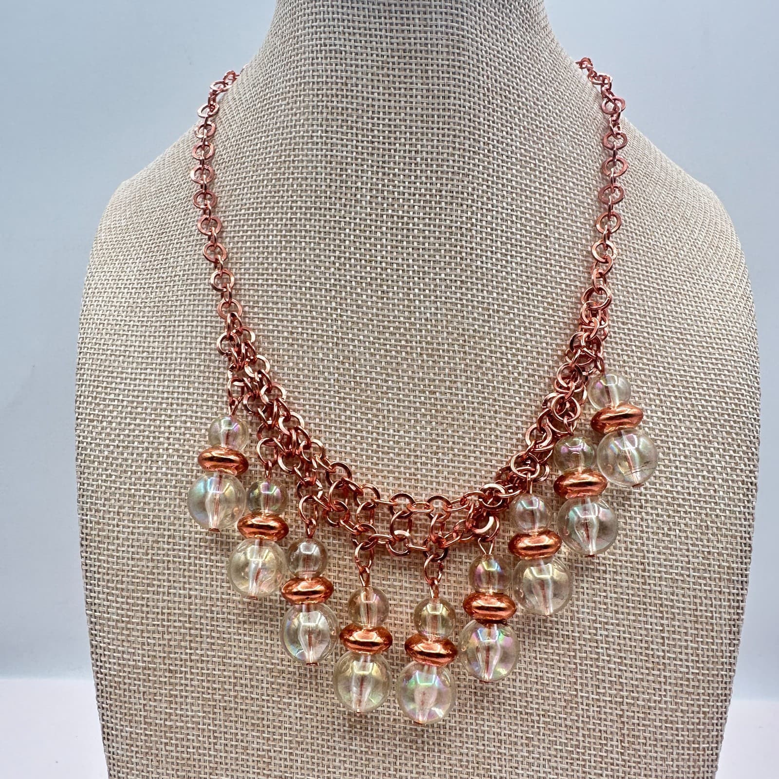 Vintage 90s Rose Gold Tone Glass Orb Statement Fringe Necklace Boho Jewelry