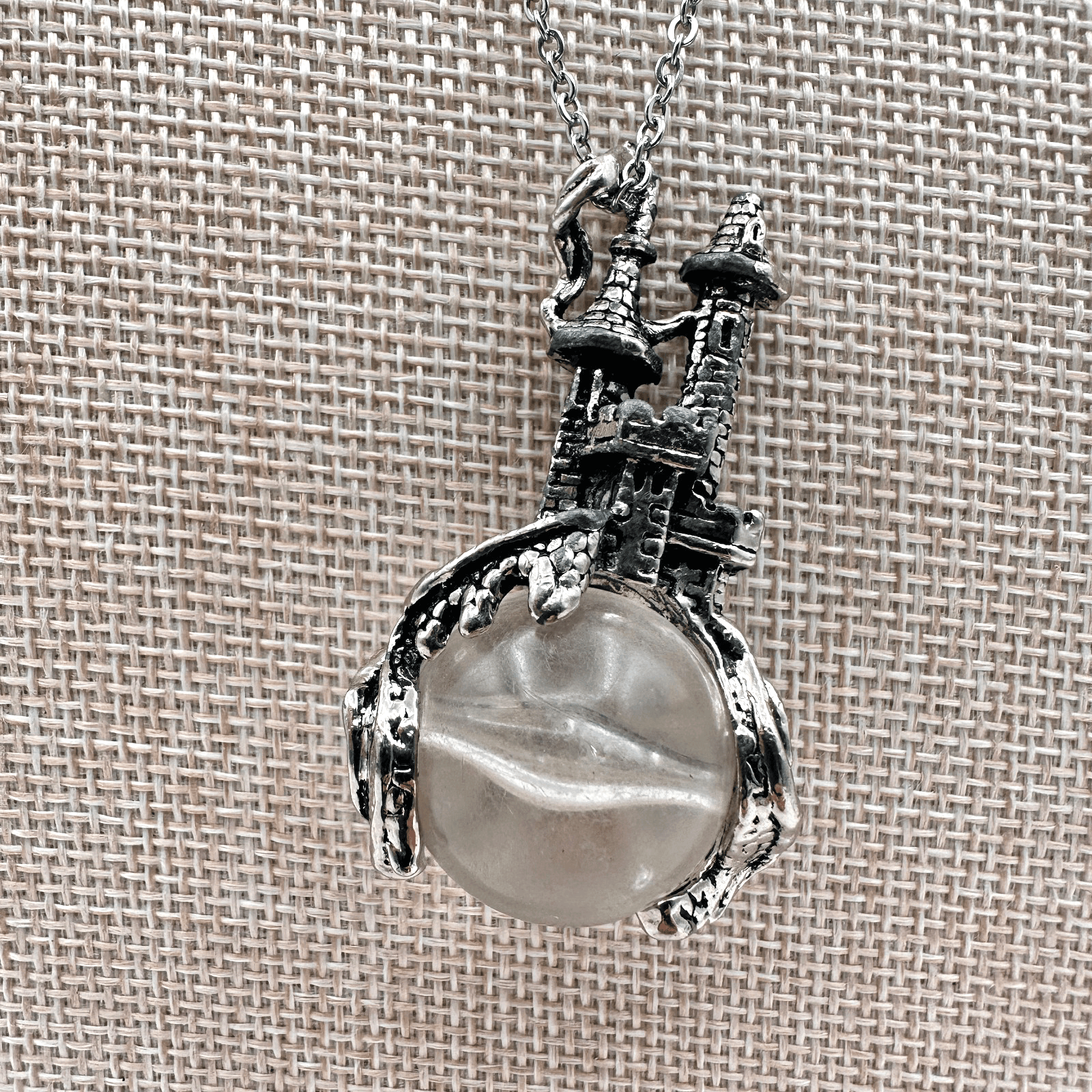 Vintage 80s Silver Tone Fantasy Castle Crystal Ball Orb Pendant Wizard Jewelry