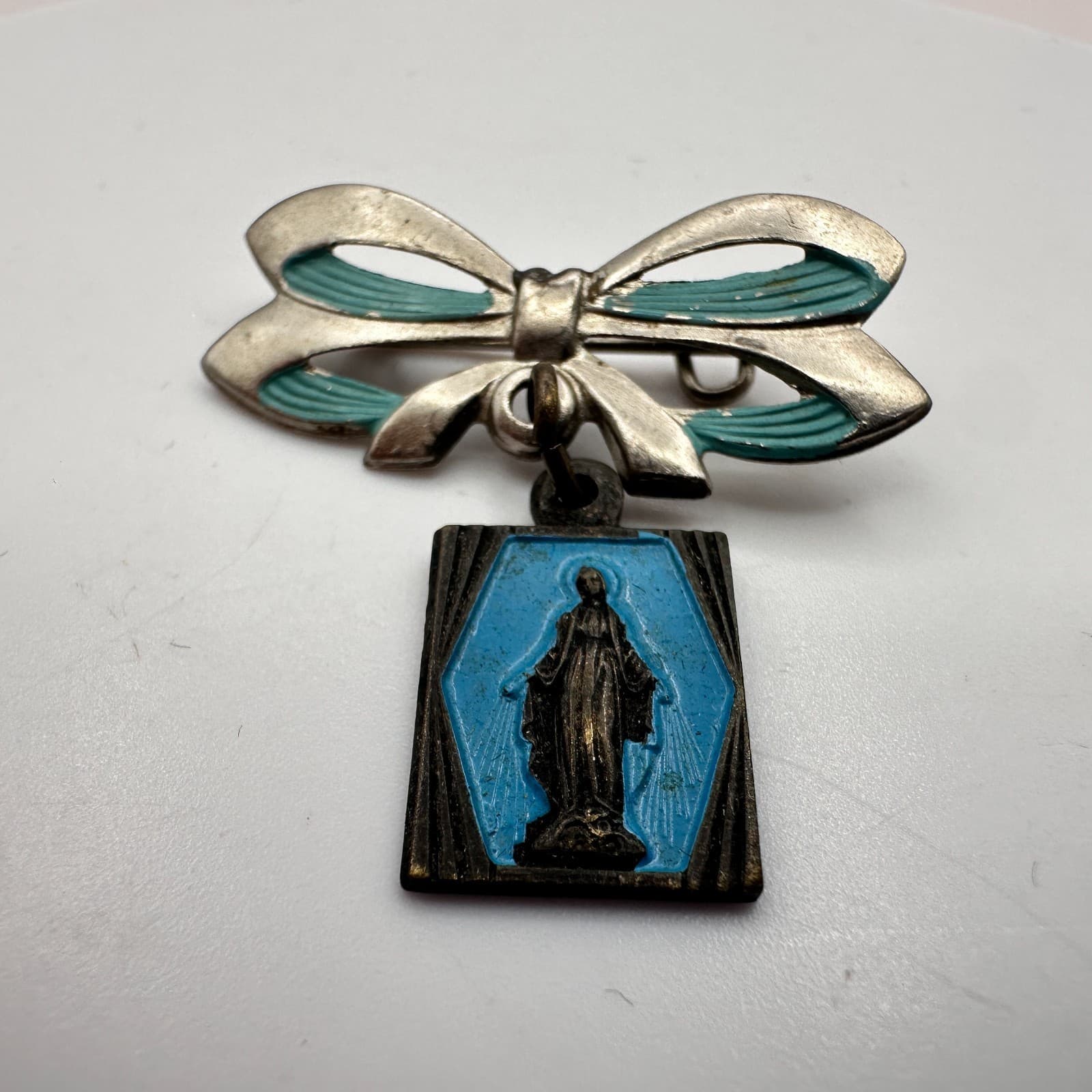 Vintage 90s Catholic Miraculous Medal Bow Pin Virgin Mary Religious Jewelry