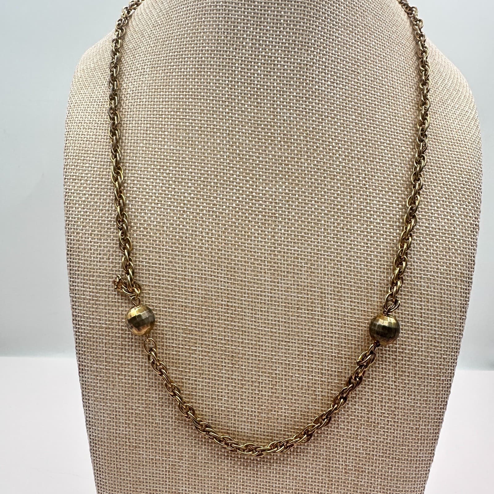 Vintage 80s Gold Tone Ball Bead Station Necklace Rope Chain Statement Jewelry