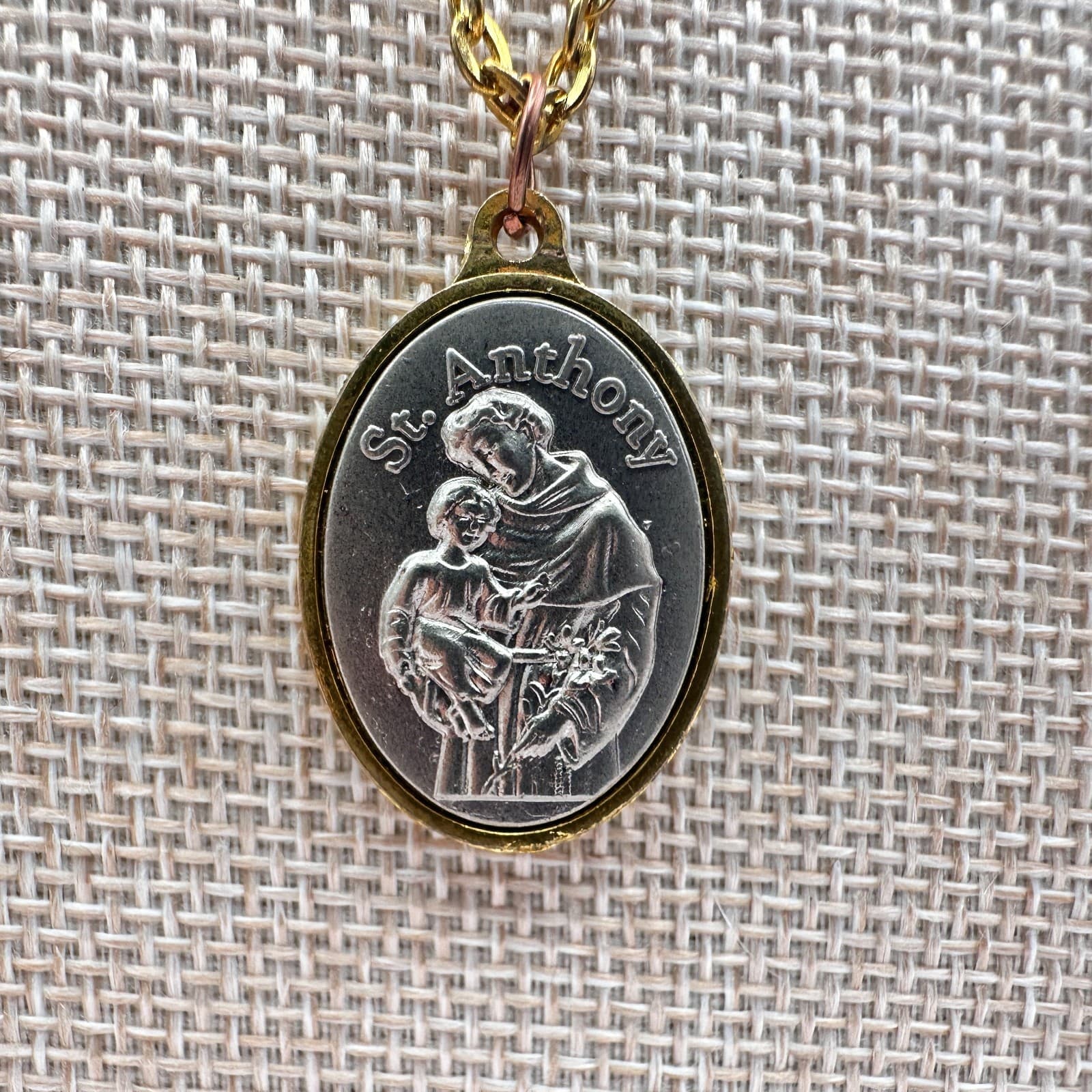 Vintage 80s Gold Tone St Anthony Medal Pendant Necklace Silver Tone Jewelry