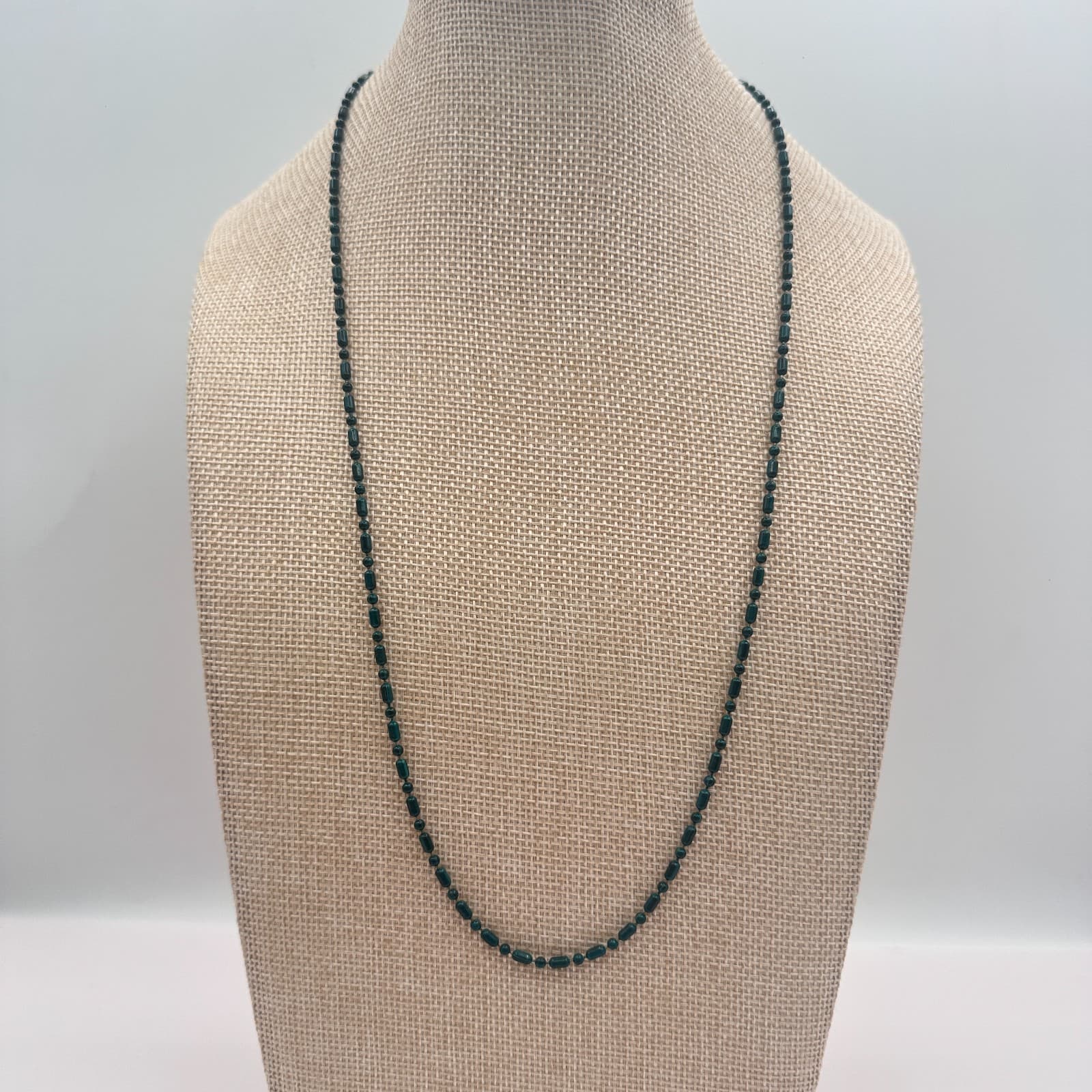 Vintage 50s Dark Green Glass Bead Strand Necklace Spring Ring Clasp Jewelry