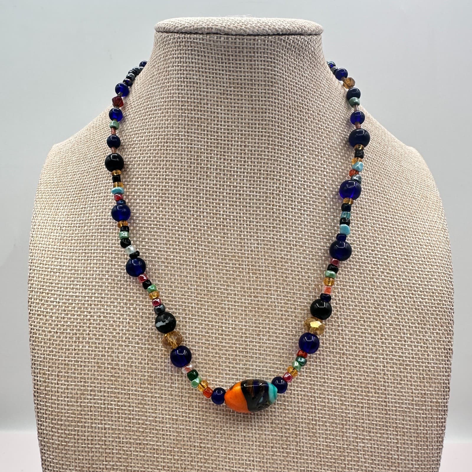 Vintage 90s Beaded Necklace Glass Lapis Agate Murano Style Statement Jewelry