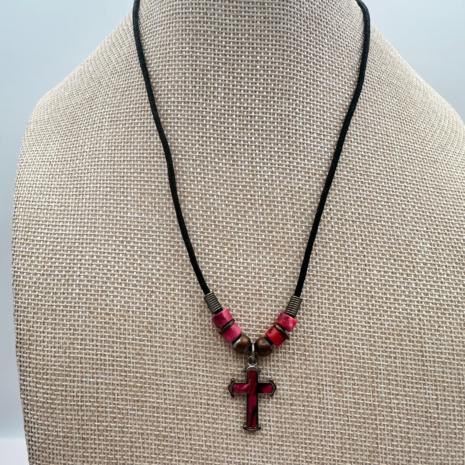 Vintage 80s Red Pink Mood Cross Necklace Black Cord Beaded Statement Jewelry