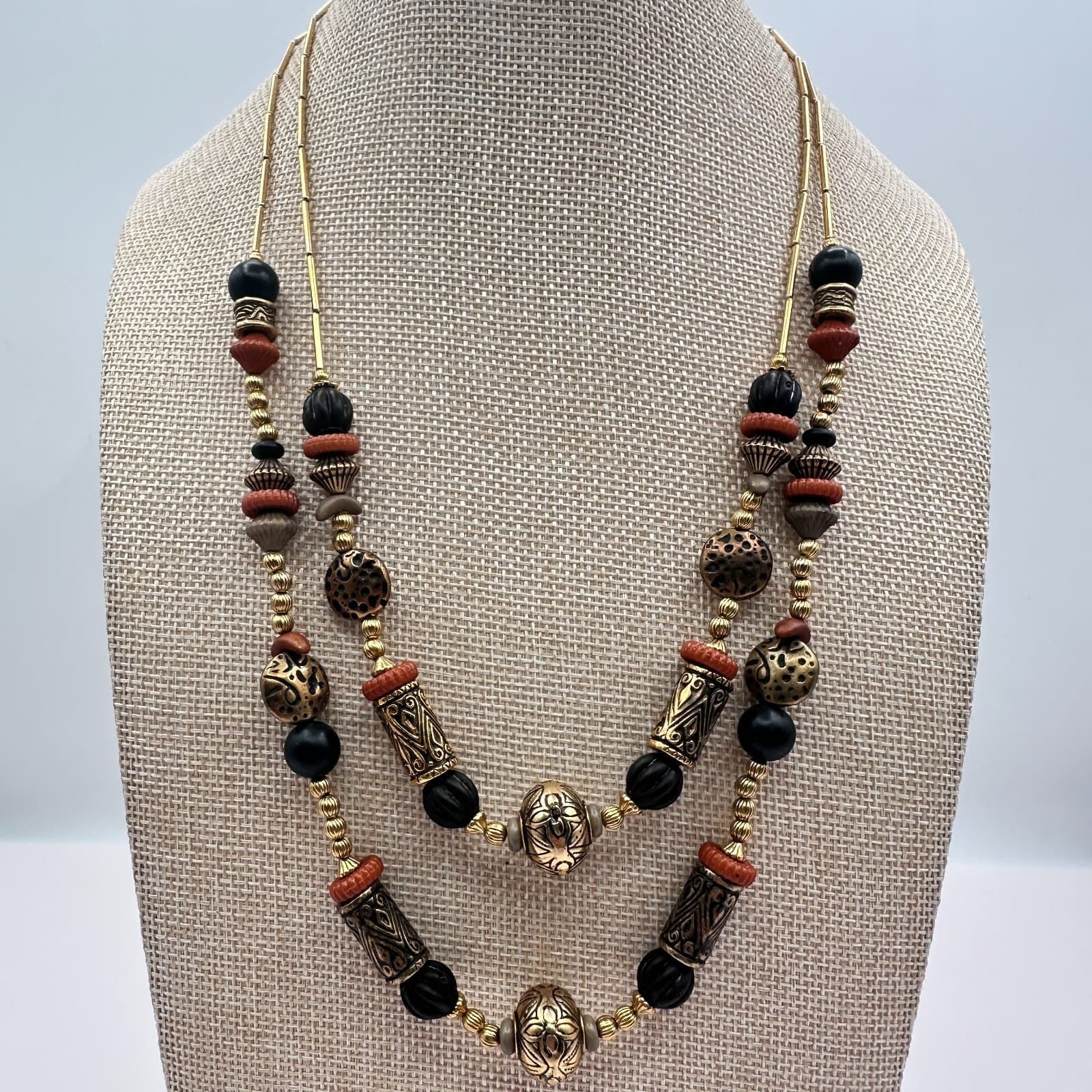 Vintage 90s Gold Tone Double Strand Beaded Necklace Boho Women's Classic Jewelry