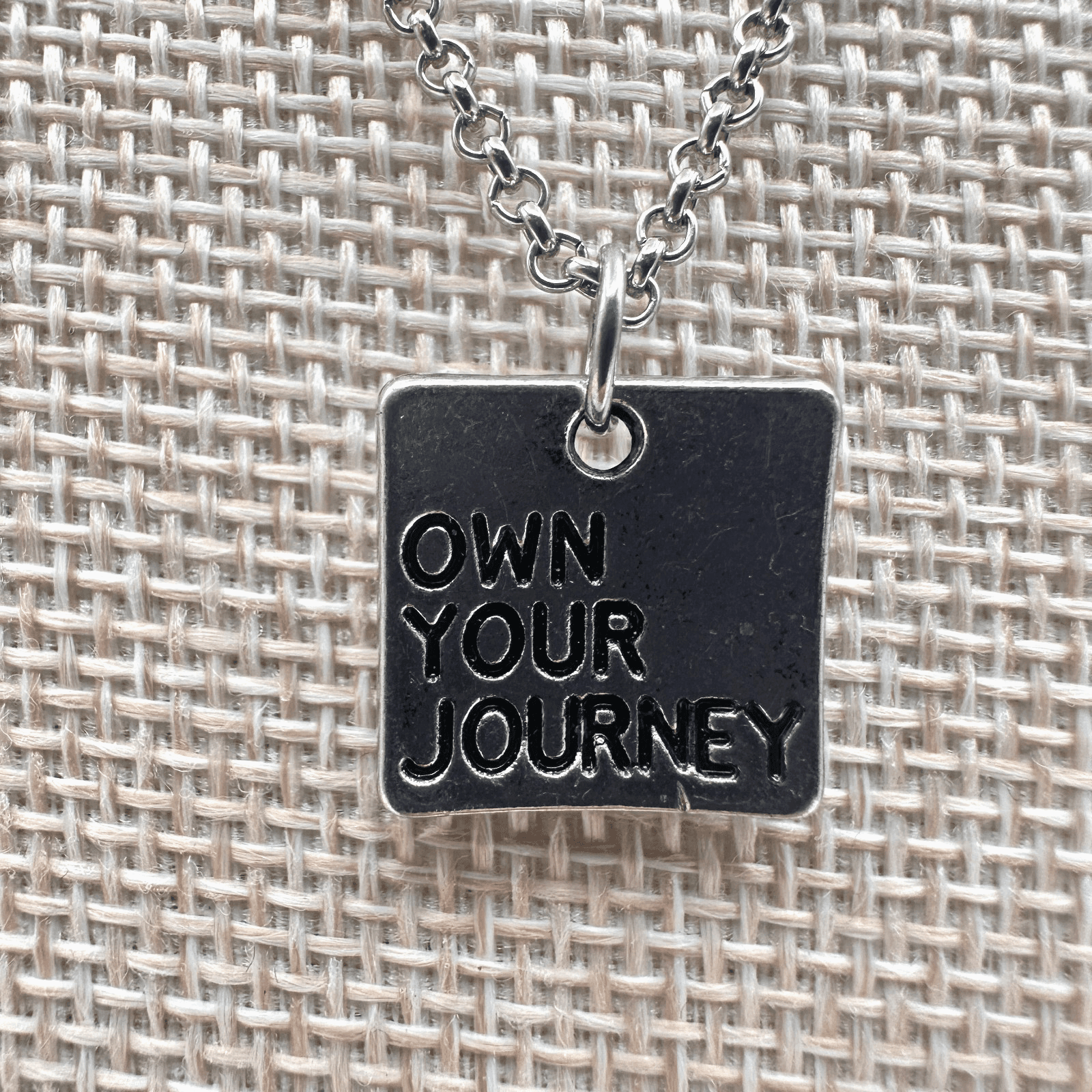 Vintage 80s Own Your Journey Silver Square Pendant Necklace Inspiration Jewelry