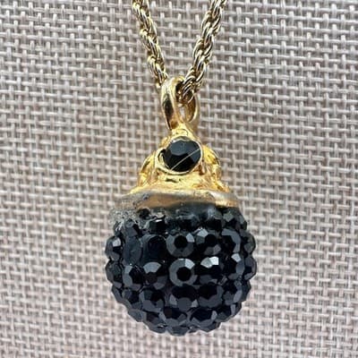 Vintage 80s Gold Tone Black Rhinestone Disco Ball Pendant Twisted Chain Jewelry