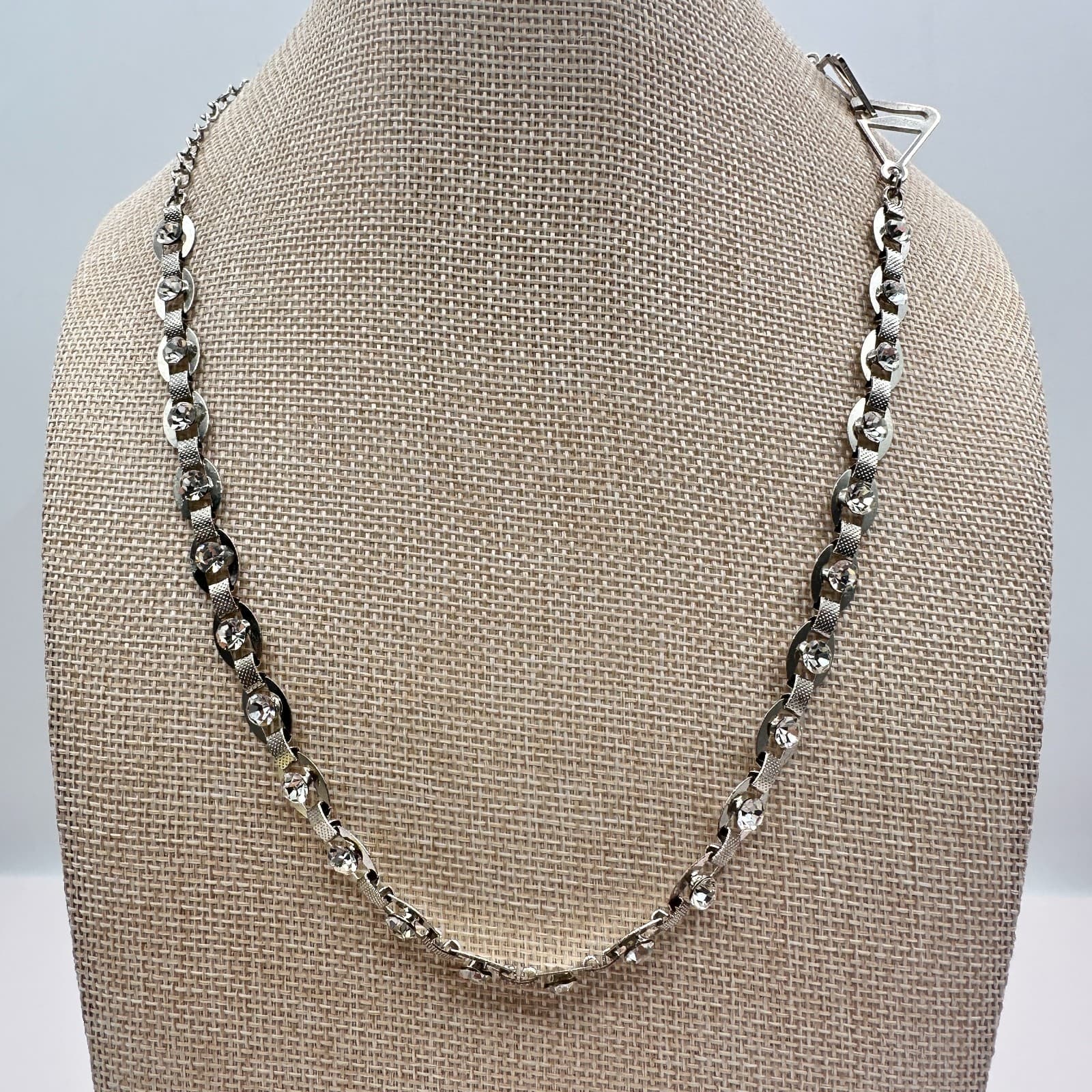 Vintage 90s Crown Modernist Necklace Silver Tone Diamante Statement Jewelry