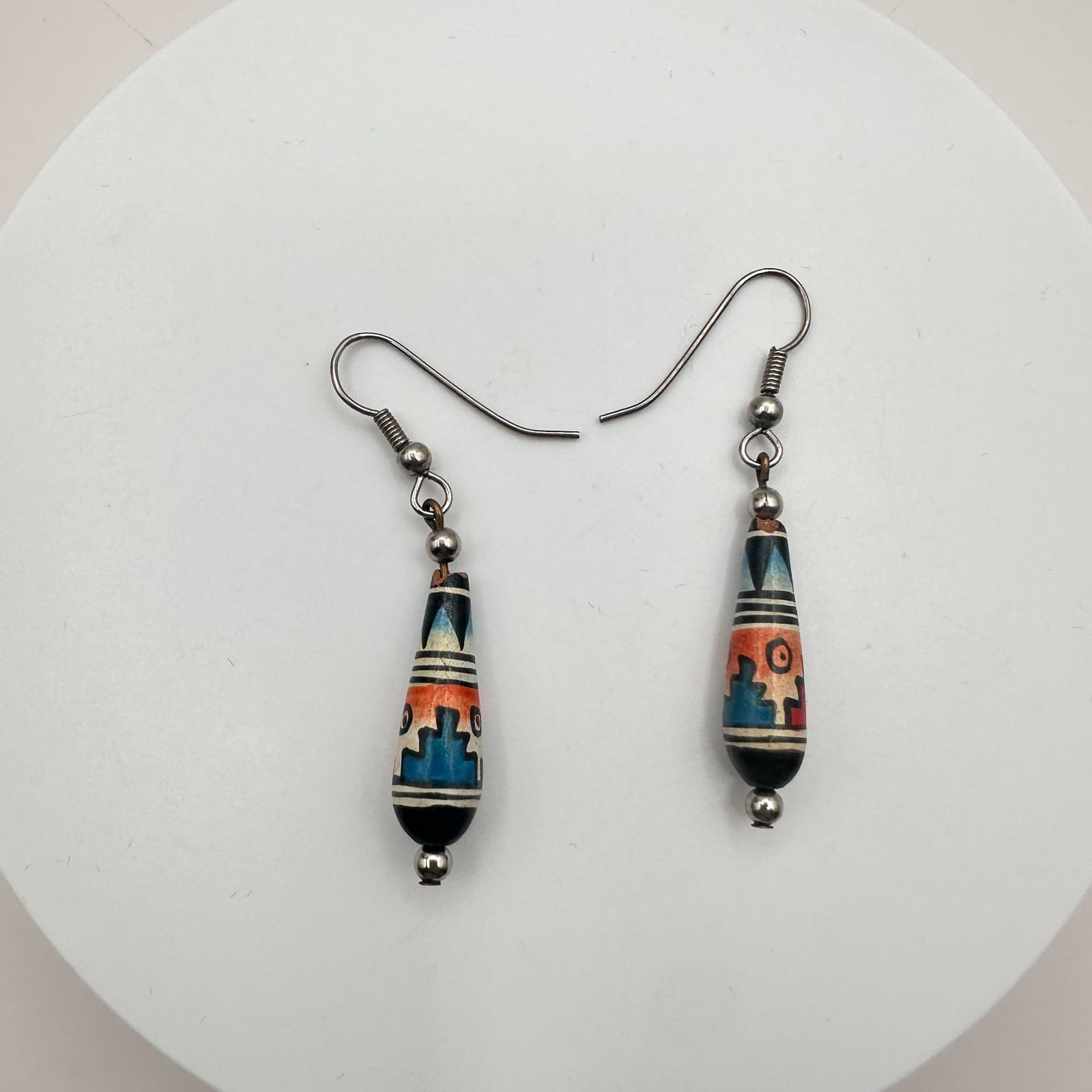 Vintage Y2K Silver Tone Polycrome Wooden Bead Teardrop Earrings Women's Jewelry