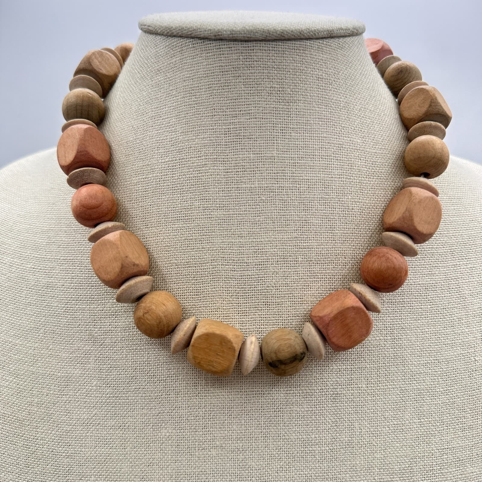 Vintage 80s Natural Wood Bead Chunky Statement Necklace Cube Round Retro Jewelry