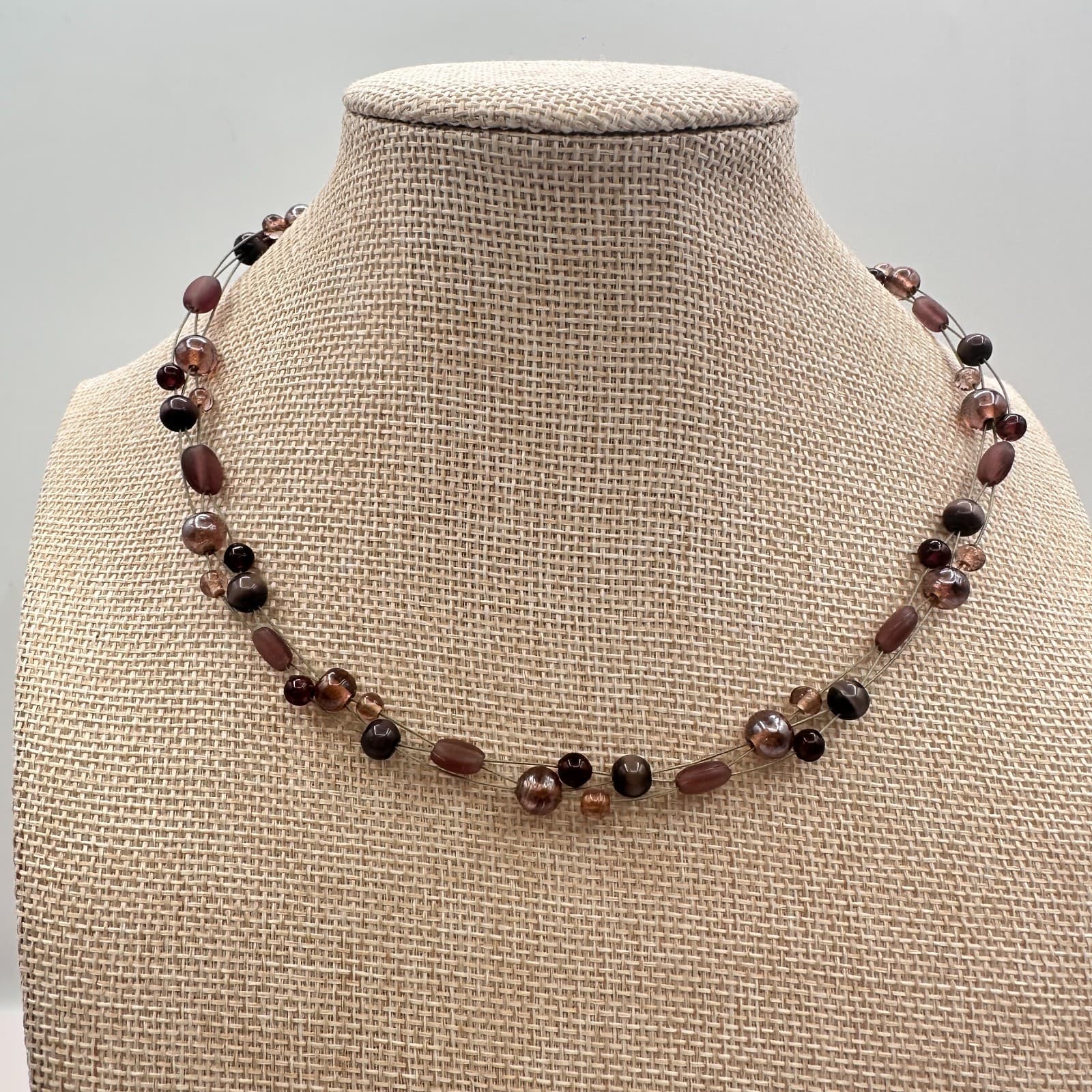 Vintage Y2K Multi Strand Plum Bronze Beaded Illusion Necklace Earthy Jewelry