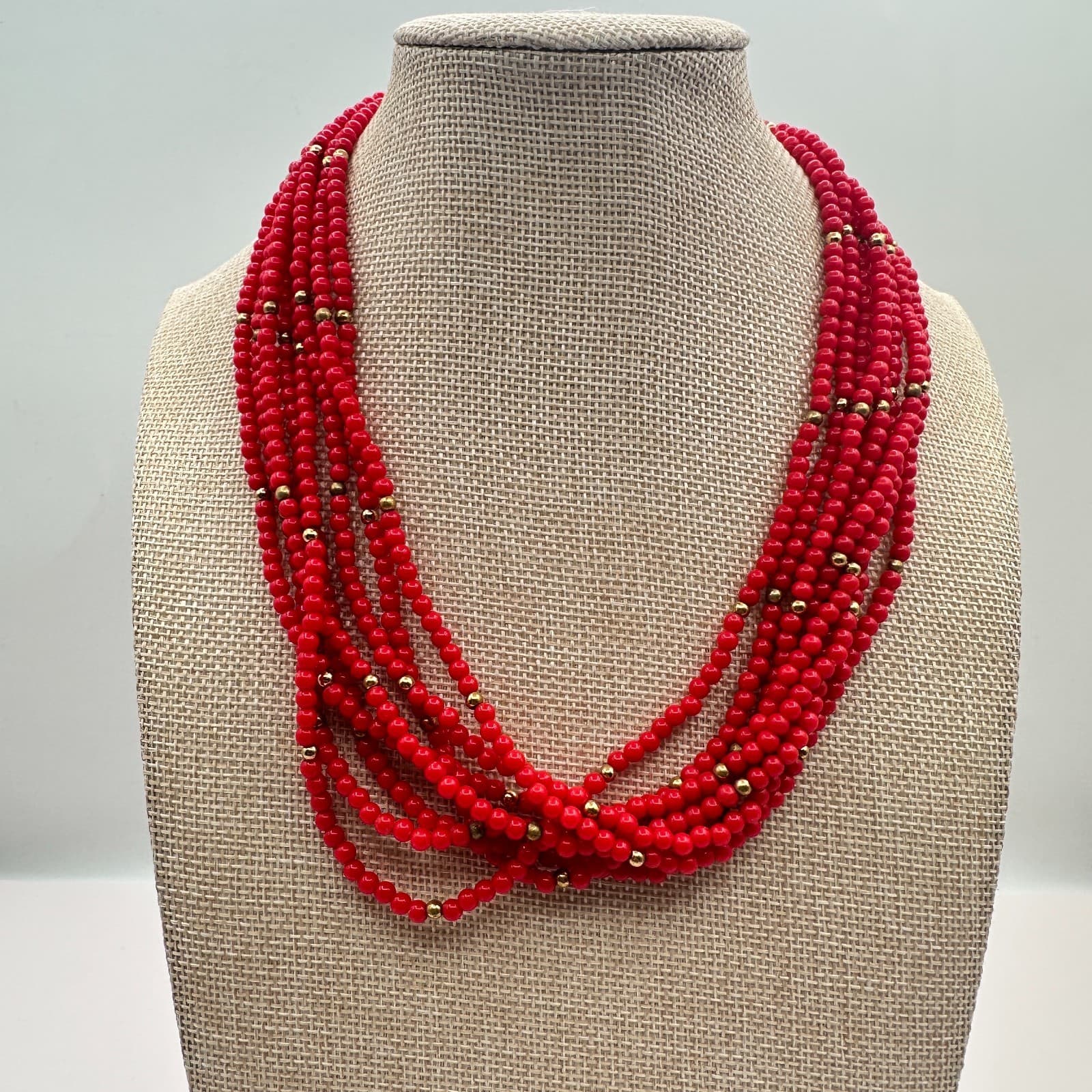 Vintage 80s Red Layered Beaded Necklace Gold Tone See Bead Statement Bib Jewelry