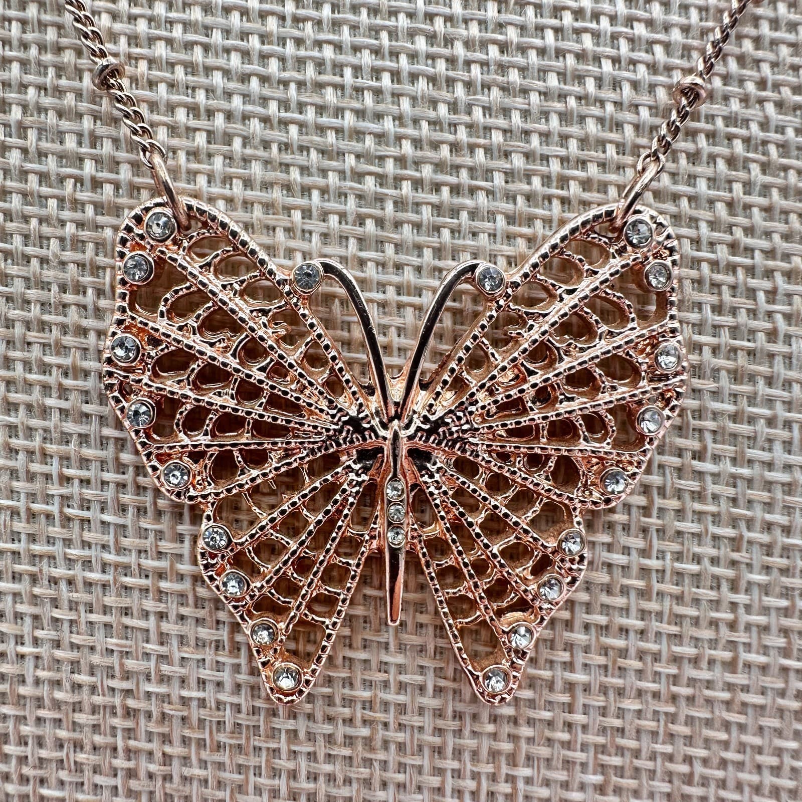 Vintage 80s Rose Gold Tone Butterfly Necklace Clear Rhinestone Statement Jewelry