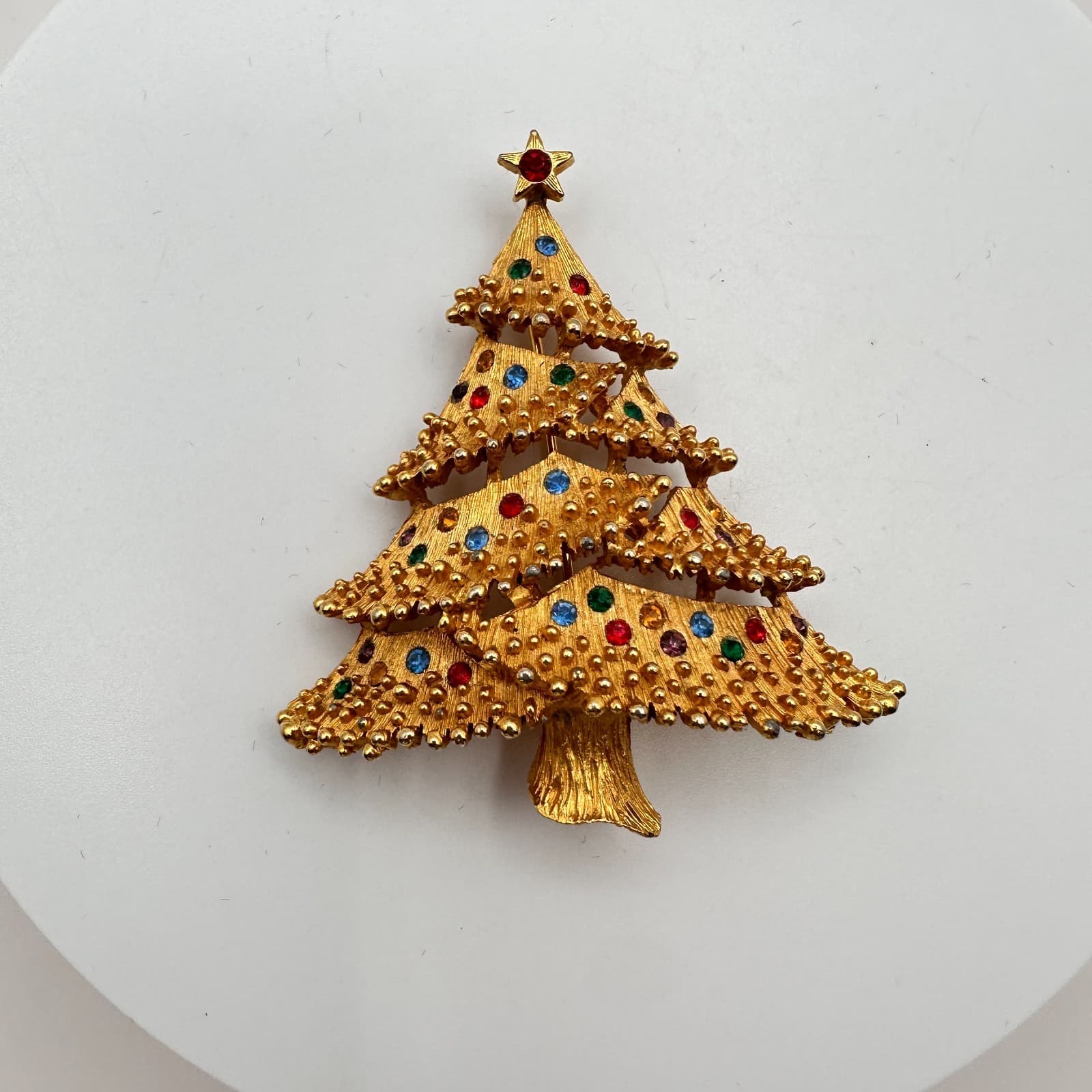 Vintage 90s Christmas Tree Rhinestone Brooch Pin Gold Tone Fashion Jewelry