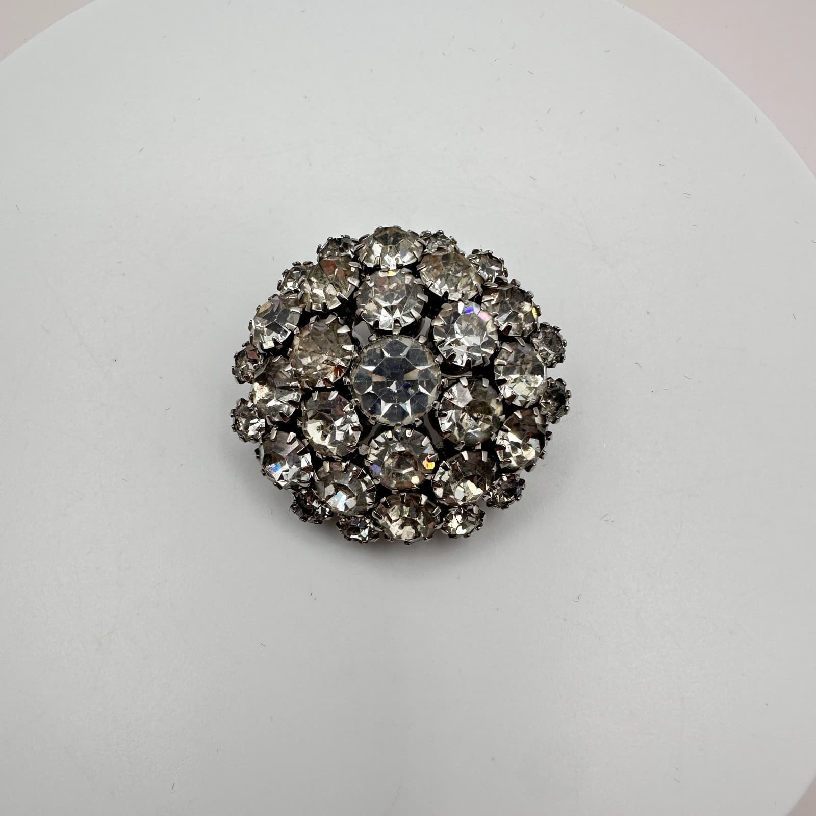 Vintage 50s Mid-Century Silver Tone Round Glass Cluster Brooch Pin Sparkly