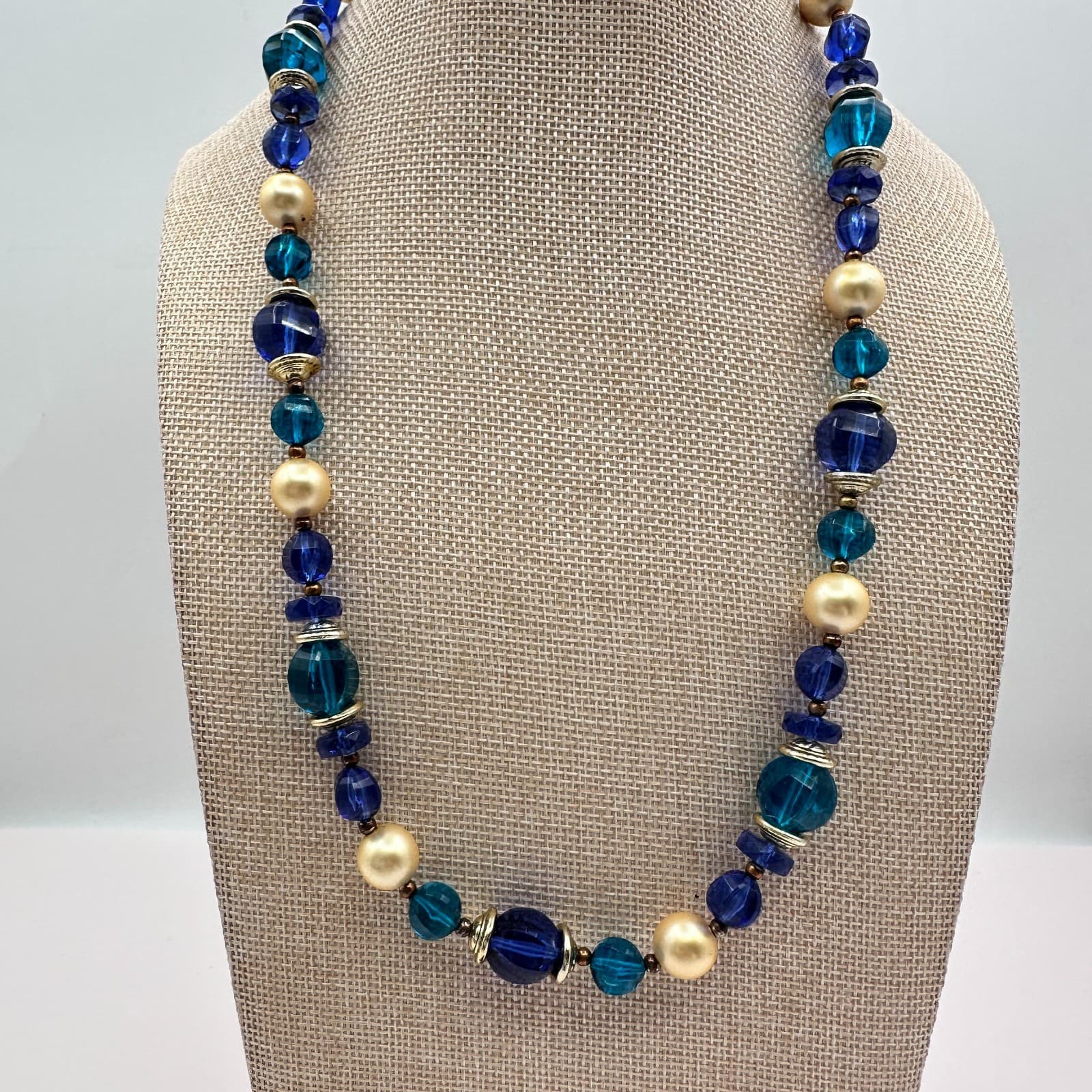 Vintage 90s Blue Glass & Faux Pearl Necklace Boho Statement Fashion Jewelry