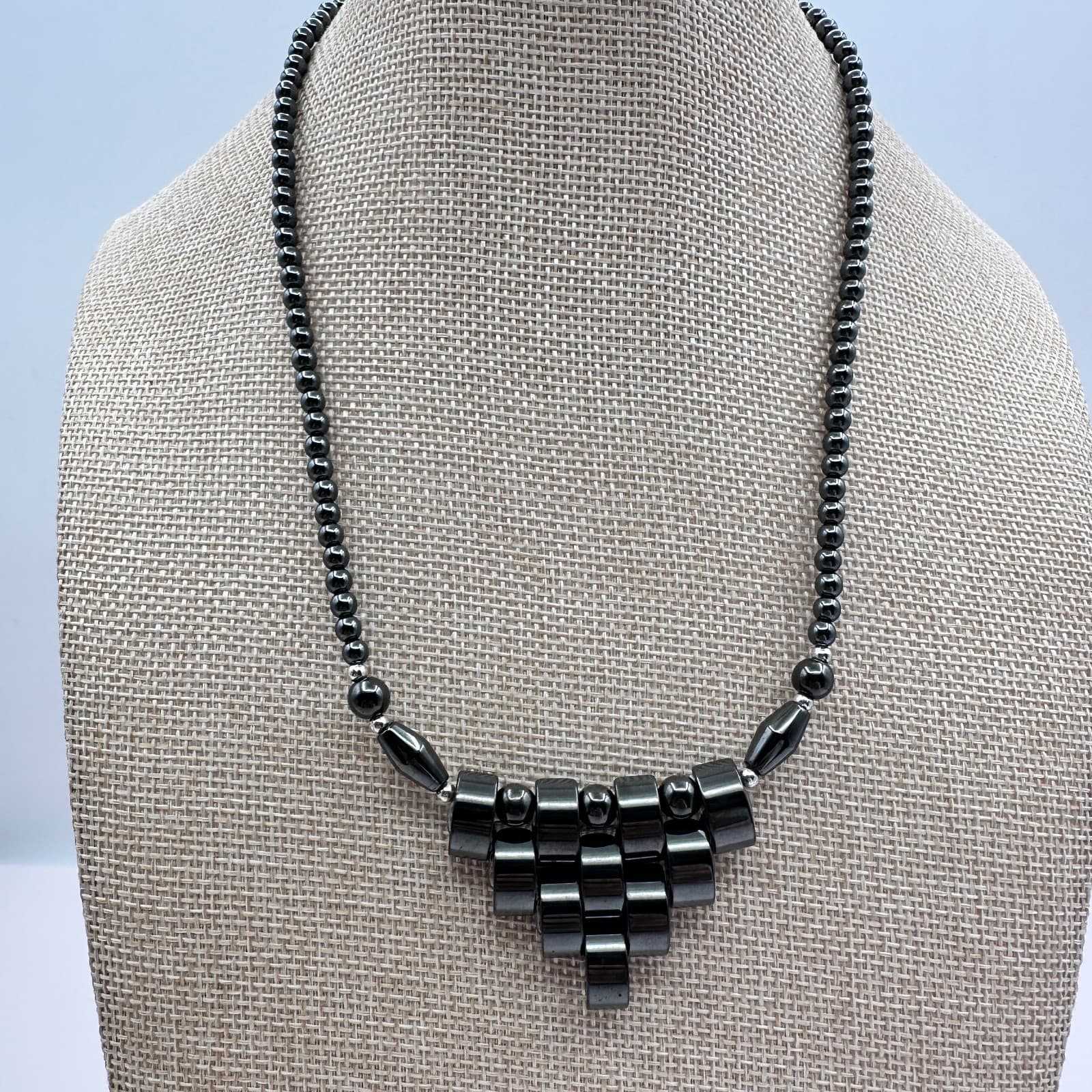 Vintage 90s Hematite Bead Necklace Tiered Fringe Bib Statement Fashion Jewelry