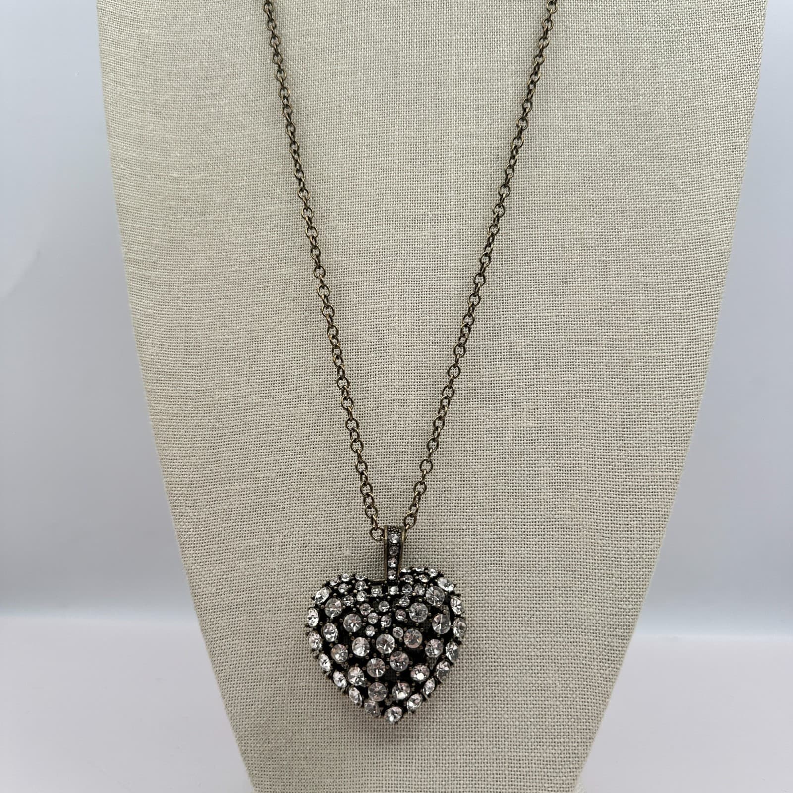 Vintage 90s Bronze Tone Heart Pendant Necklace Clear Glass Boho Fashion Jewelry
