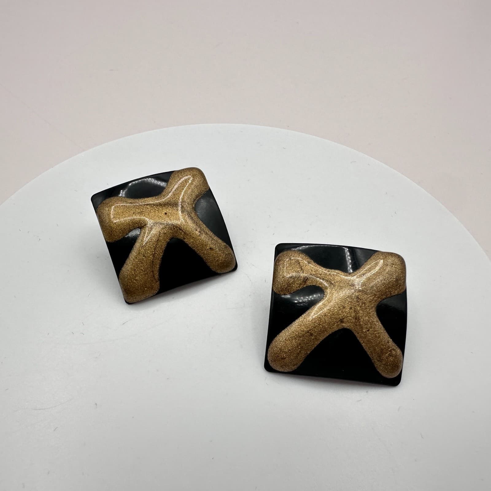 Vintage 90s Black Gold Abstract Square Stud Earrings Geometric Fashion Jewelry