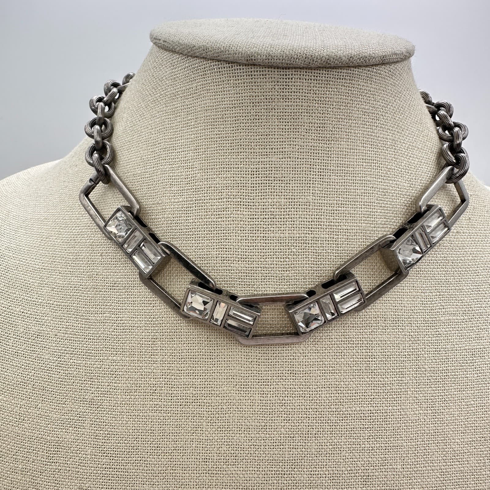 VTG 90s Keren Hanan Silver Tone Clear Glass Industrial Link Statement Necklace