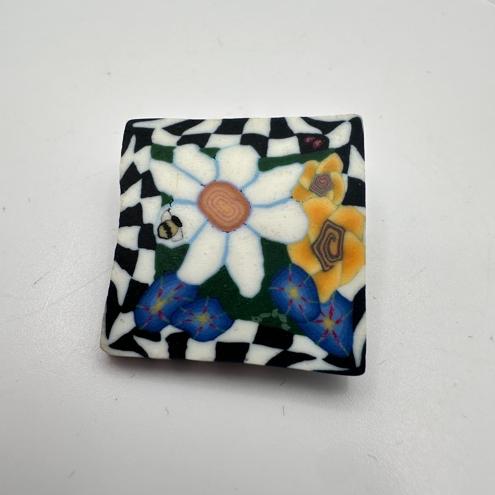 Vintage Y2K Silver Tone Polycrome Clay Bee Floral Square Brooch Pin Jewelry