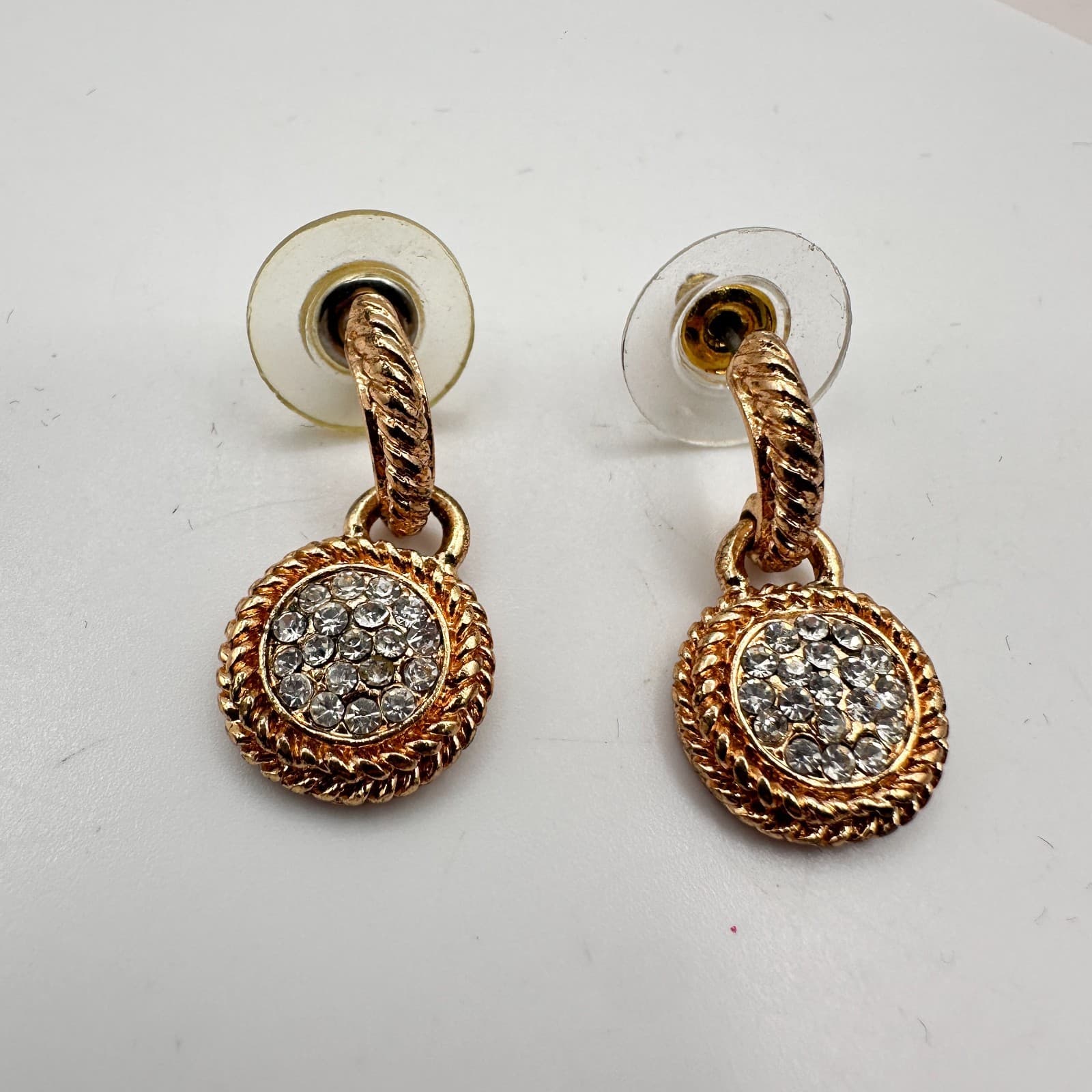Vintage 90s Gold Tone Glass Pave Round Drop Dangle Earrings Fashion Jewelry