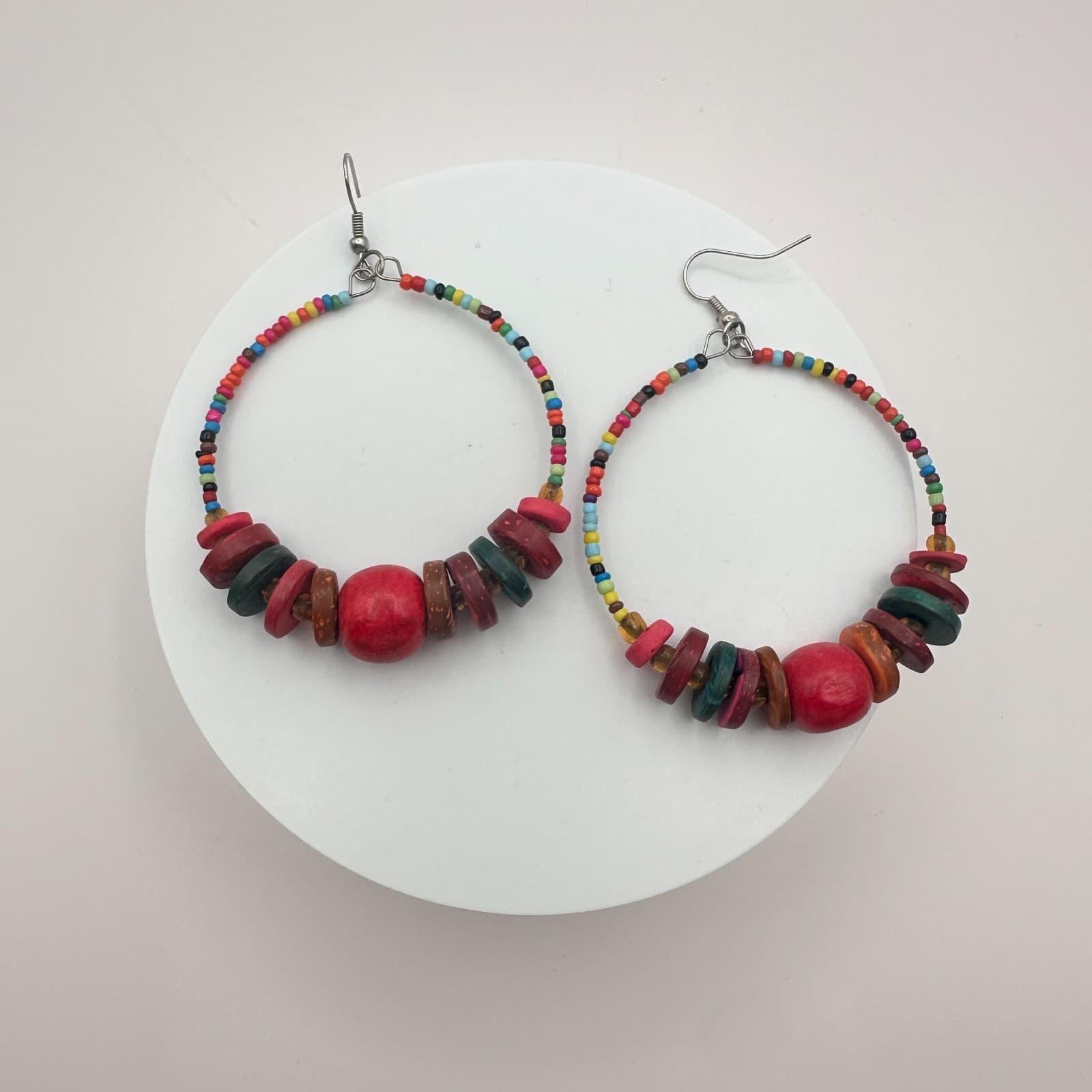 Vintage 80s 90s Wood & Glass Bead Hoop Earrings Boho Festival Fashion Jewelry