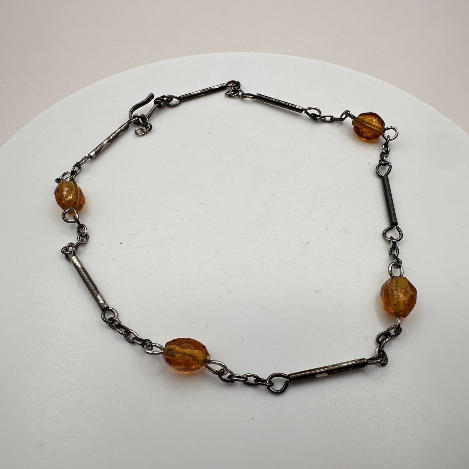 Vintage 90s Amber Beaded Bar Link Chain Bracelet Bronze Tone Women's Jewelry