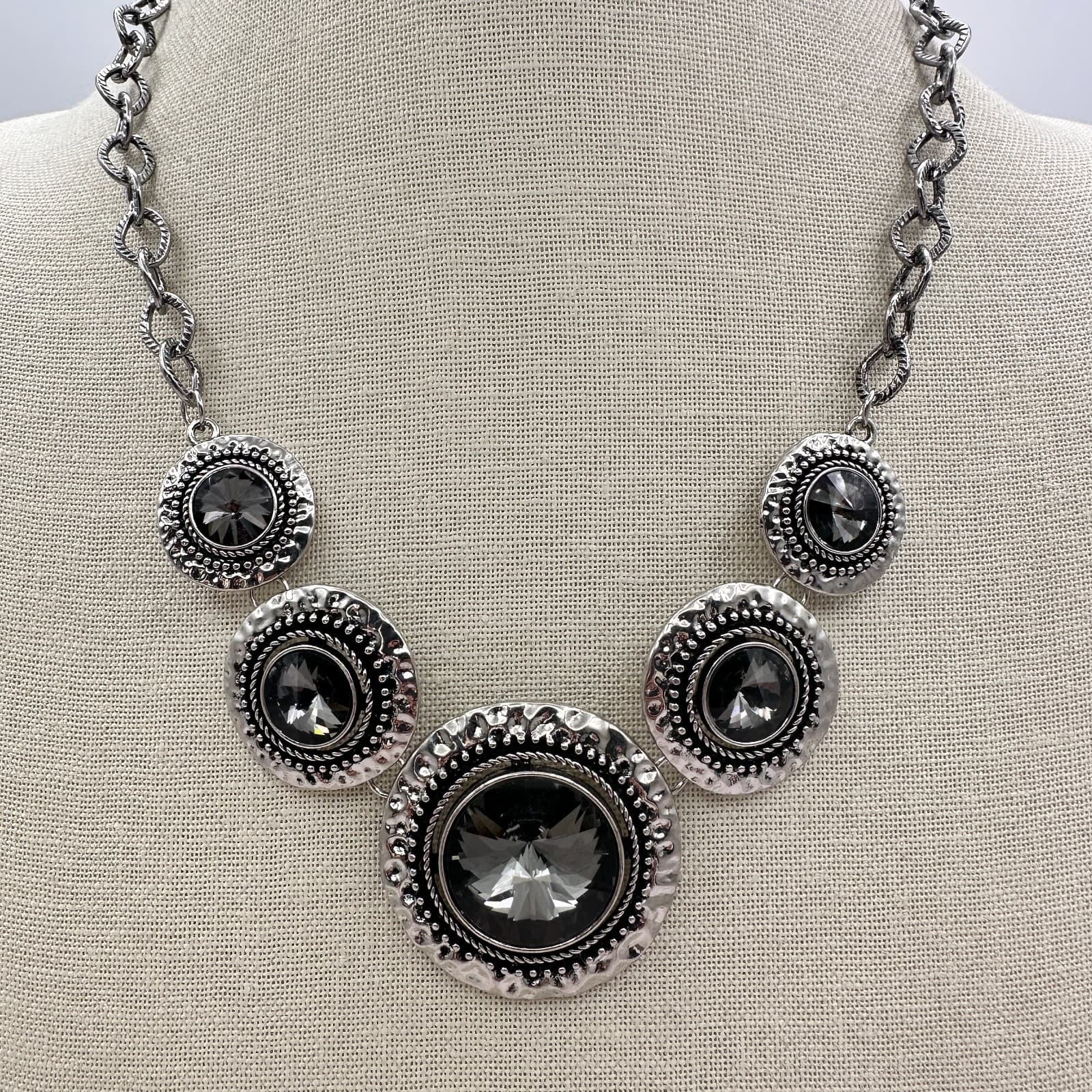 Vintage 80s Global Glamour Silver Short Statement Necklace Smoky Gems Jewelry