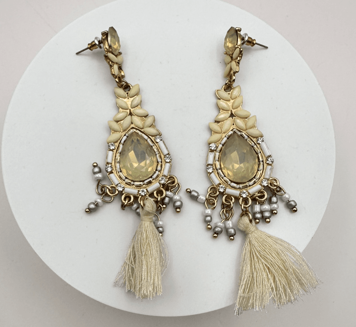 VTG 90s Y2K Rhinestone Beaded Tassel Teardrop Earrings Gold Tone Boho Jewelry