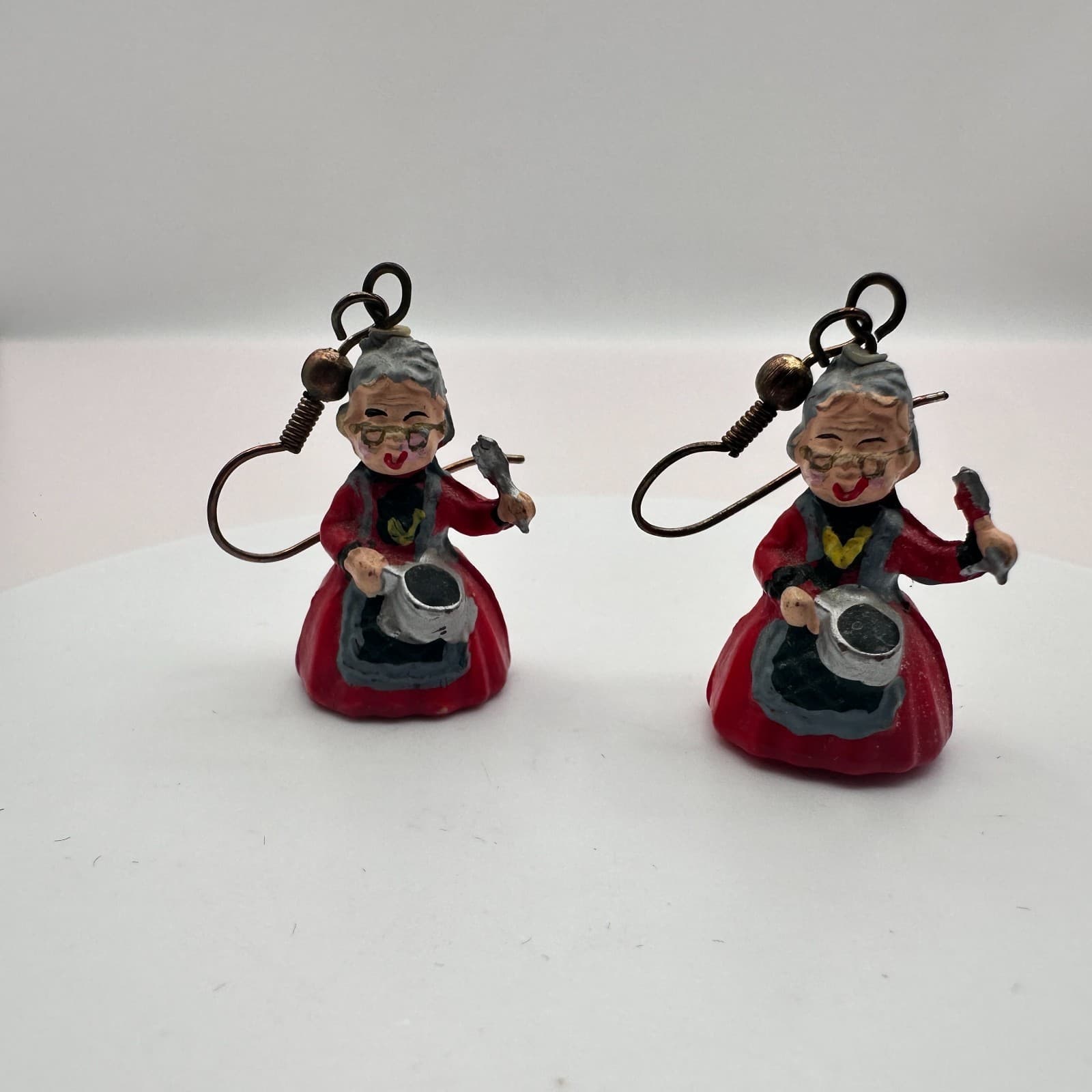 Vintage 90s Mrs Claus Christmas Earrings Red Resin Hand Painted Holiday Dangle