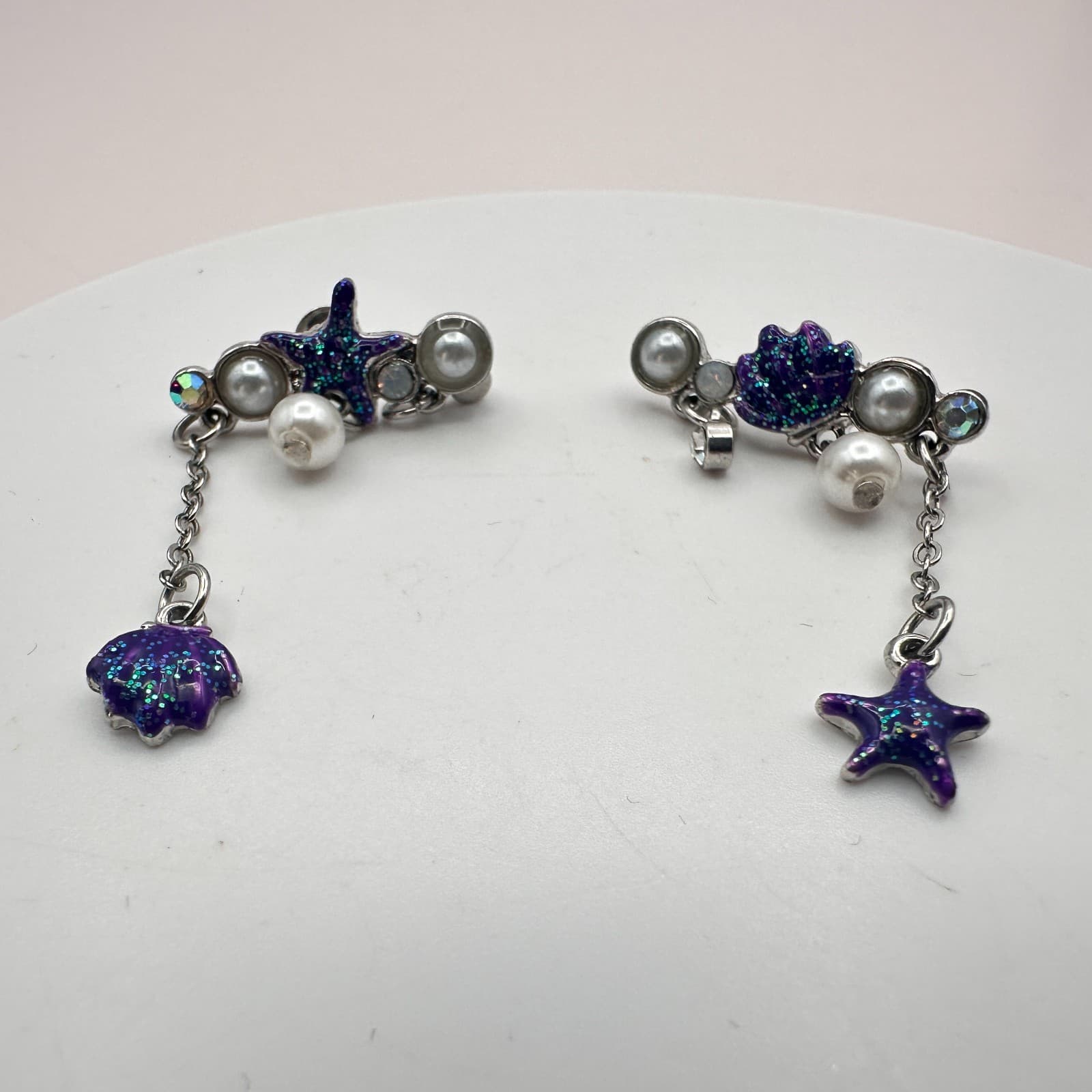 Vintage 90s Sea Shell Starfish Dangle Earrings Glitter Faux Pearl AB Rhinestone