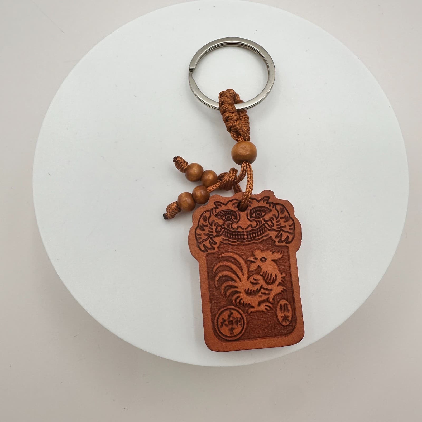 Vintage 90s Chinese Wood Rooster Zodiac Charm Keyring Pendant Brown Carved Style