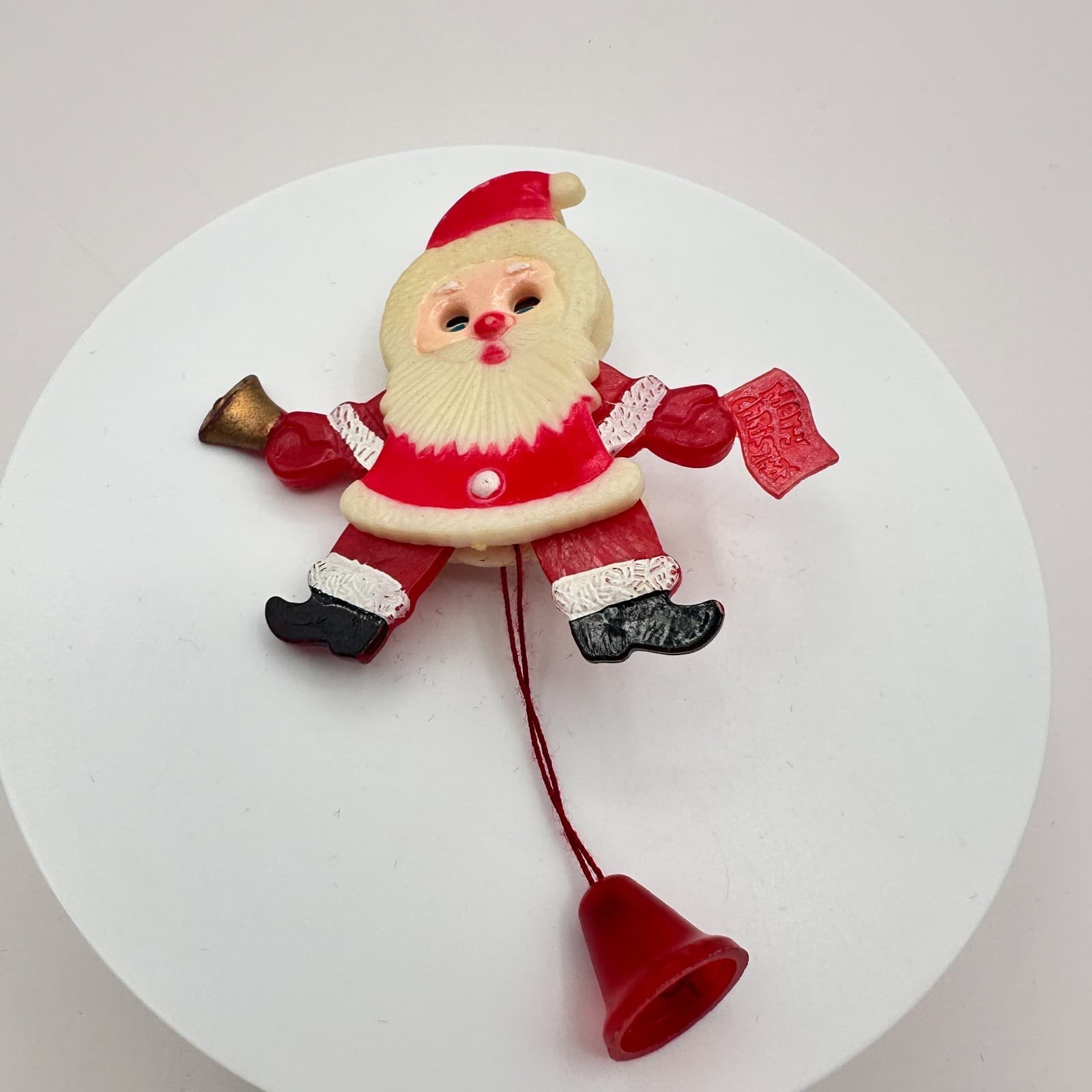Vintage 80s Santa Claus Brooch Red White Plastic Dangle Bell Christmas Pin