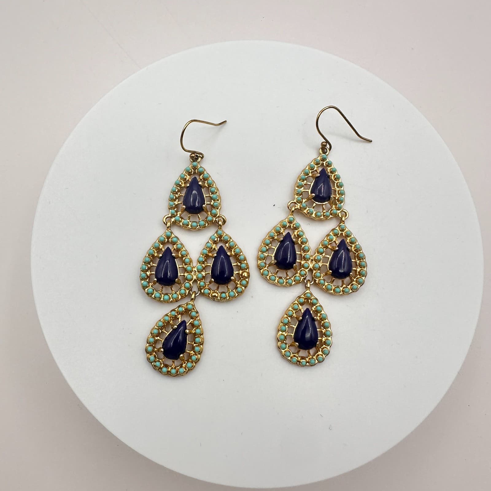 Vintage Y2K Gold Tone Purple Teardrop Beaded Chandelier Earrings Women's Jewelry