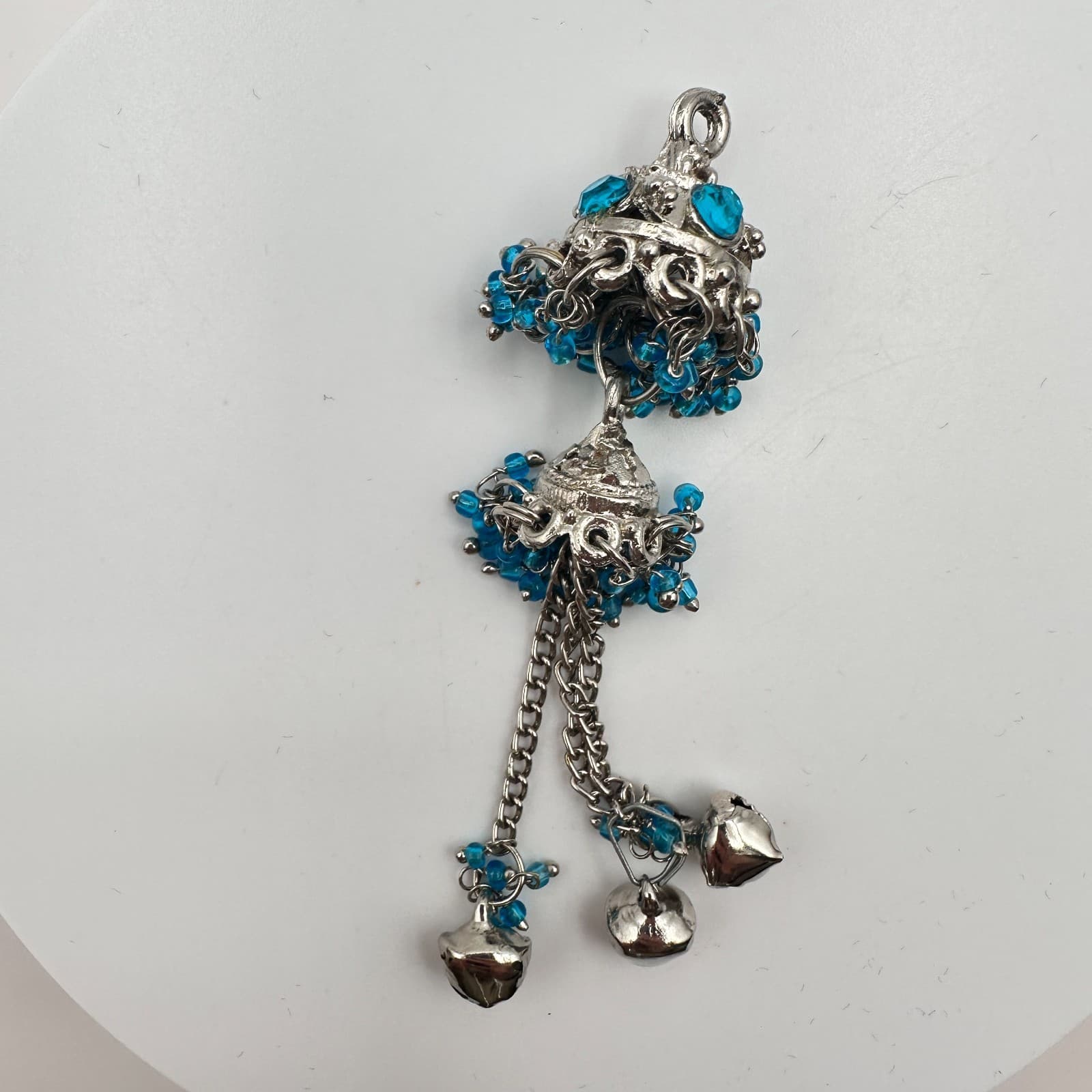 Vintage 90s Silver Tone Jhumka Bell Tassel Pendant Blue Seed Beaded Jewelry