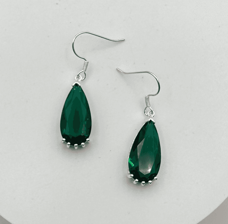 Vintage 80s Silver Tone Emerald Green Teardrop Dangle Earrings Women's Jewelry
